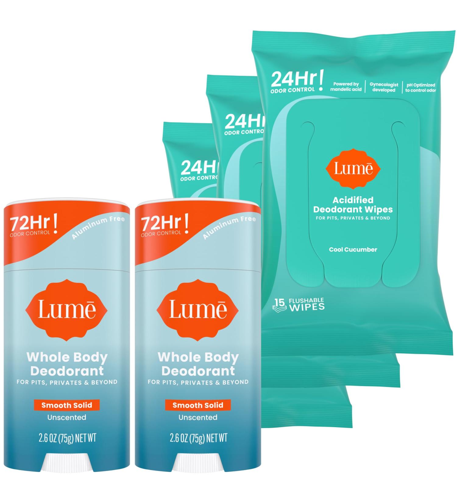 Lume Whole Body Deodorant - 2-Pack Smooth Solid Stick (Unscented) and Acidified Deodorant Wipes (Cool Cucumber) - Aluminum Free Baking Soda Free and Skin Safe - Buy Online on GoSupps.com