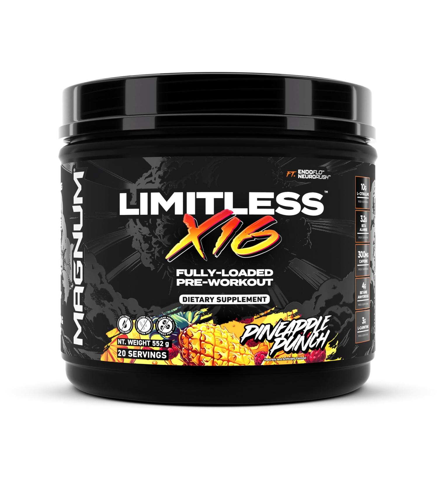 LIMITLESS Magnum Nutraceuticals x16 Fully Loaded Preworkout 20/40 Servings Pineapple Punch Flavor High-Energy Focus Strength & Endurance for Maximum Performance