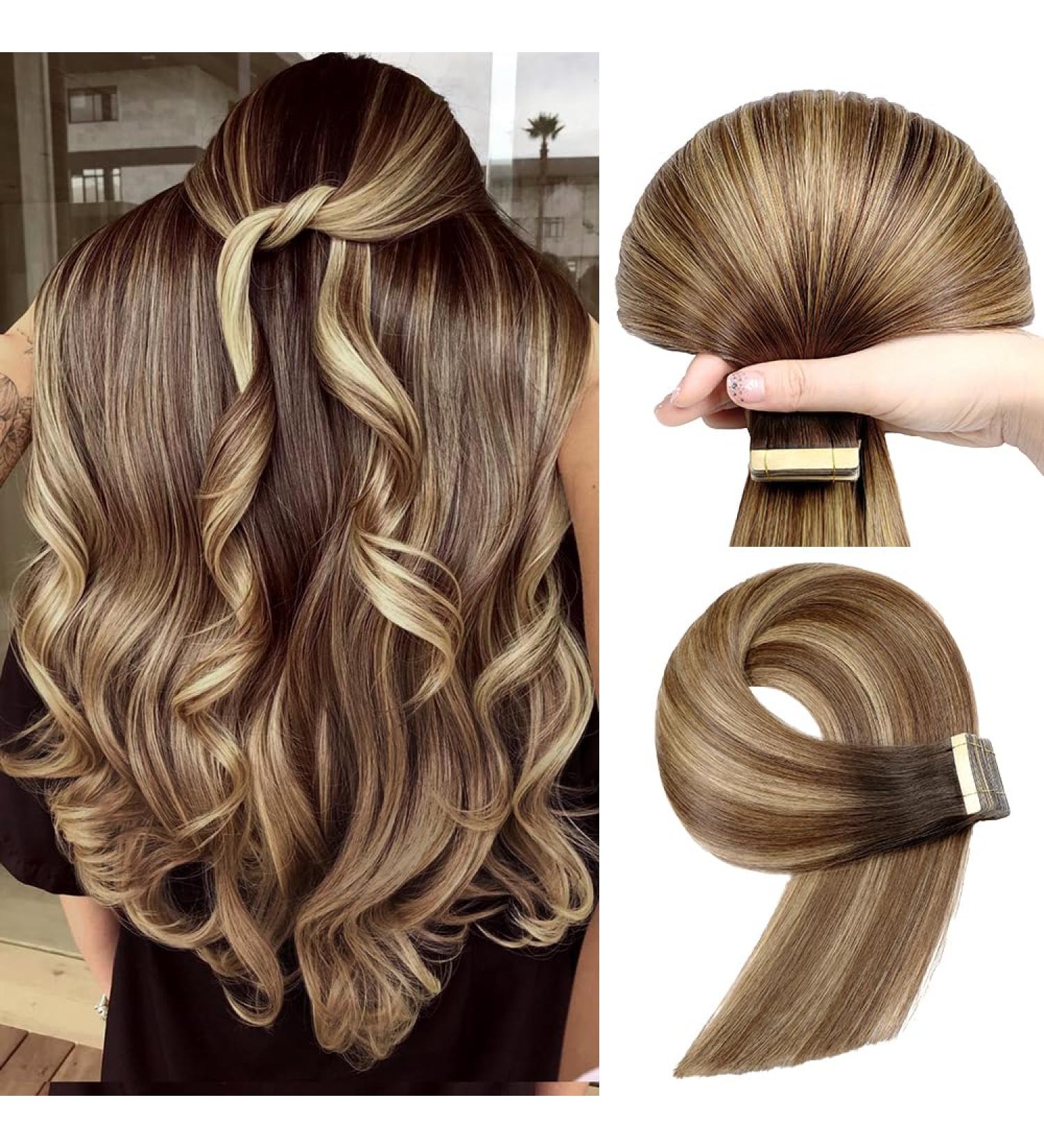 YDDM Tape-In Extensions - 20 Pcs Real Hair 40cm Castania Brown to Light Brown with Blonde - Invisible Tape Hair Extensions - Buy Online on GoSupps.com