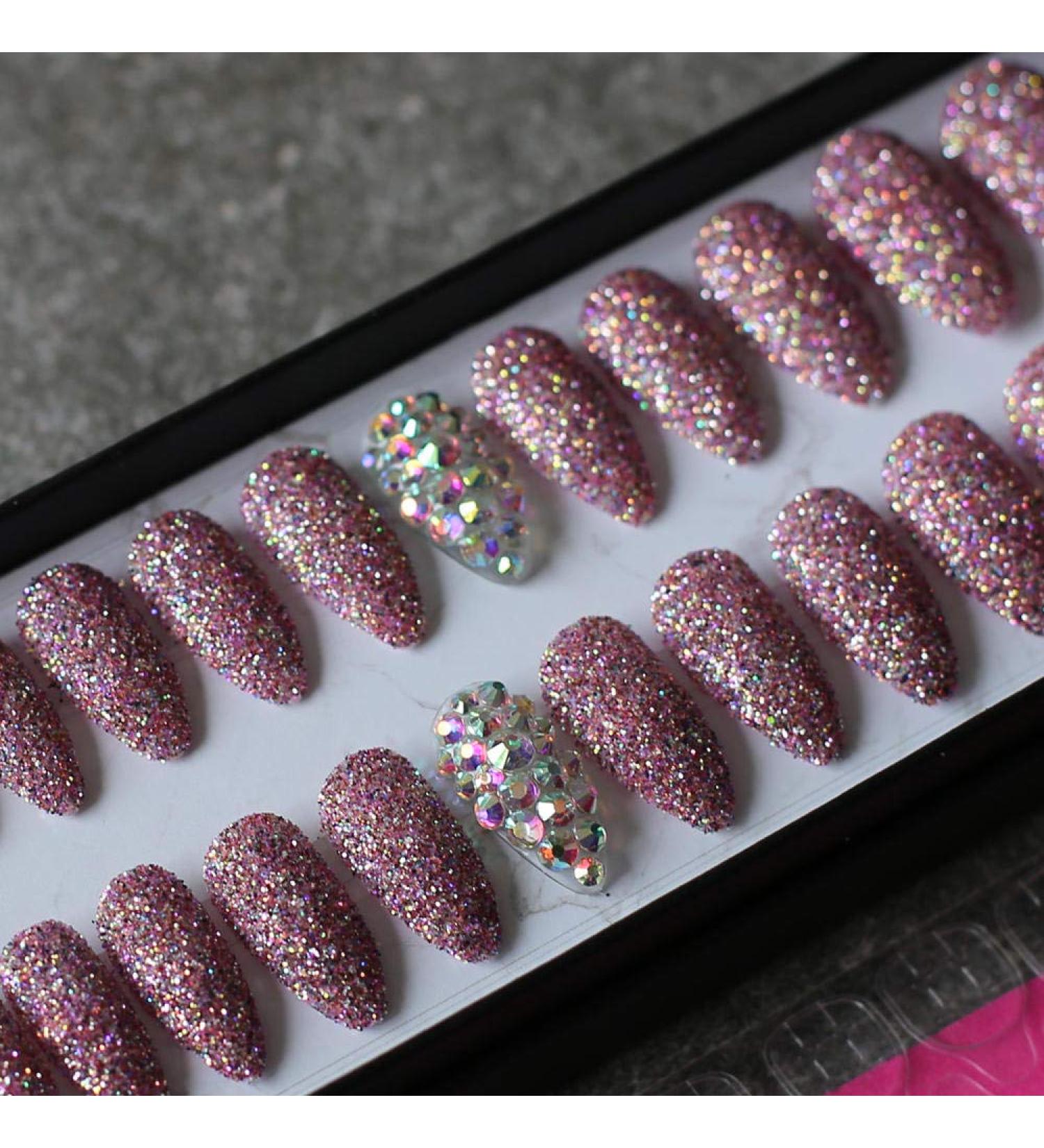CSCH Artificial Nails - White Glossy & Pink High Heels Full Crystal Diamond Wedding Nails | Red Silver Gold Options Available - Buy Online on GoSupps.com