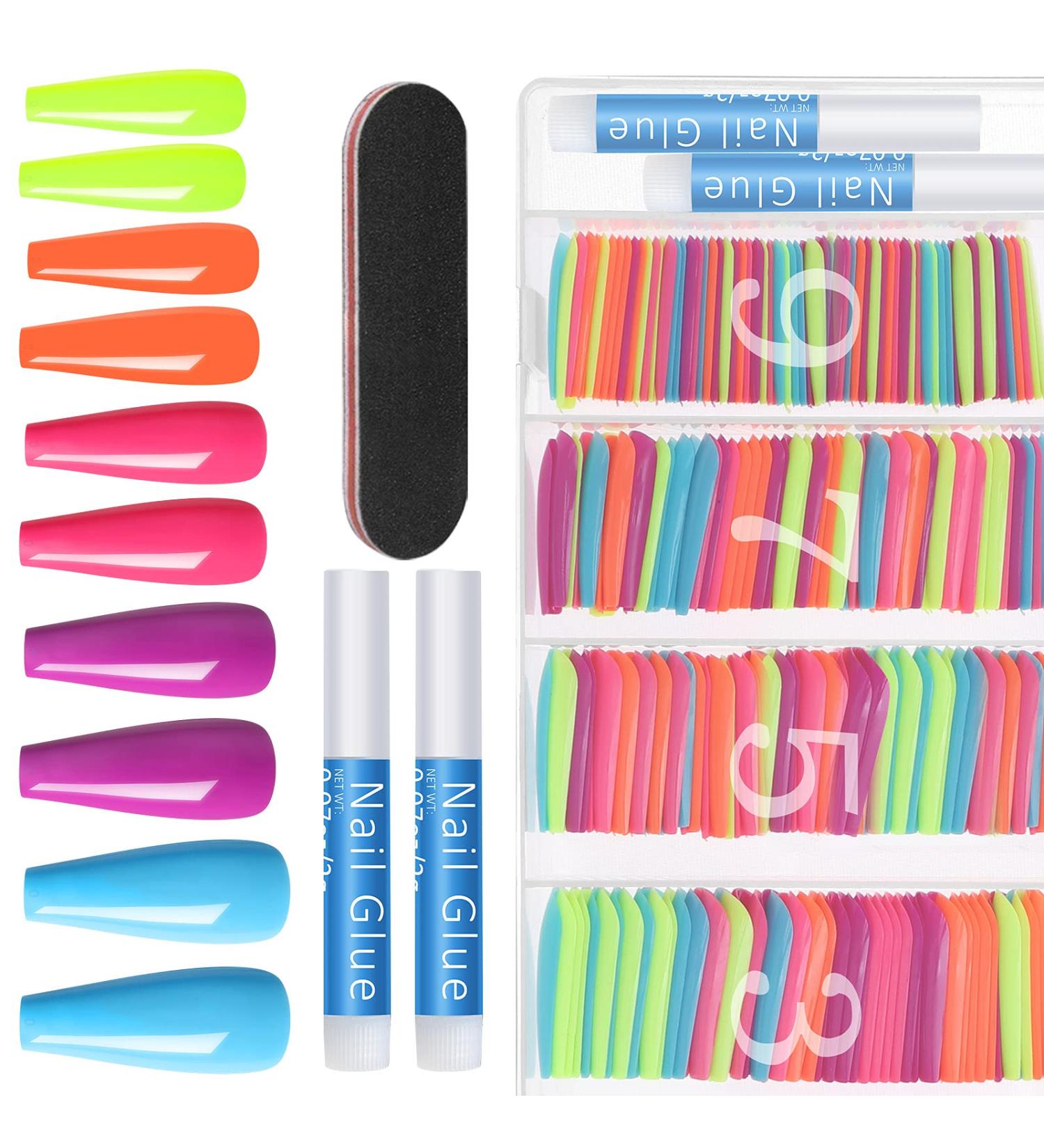 Ejiubas 500Pcs Glossy Press on Nails Set - Long Acrylic False Nails for Women with Glue and Nail Art Accessories - 04 Color Set - Buy Online on GoSupps.com
