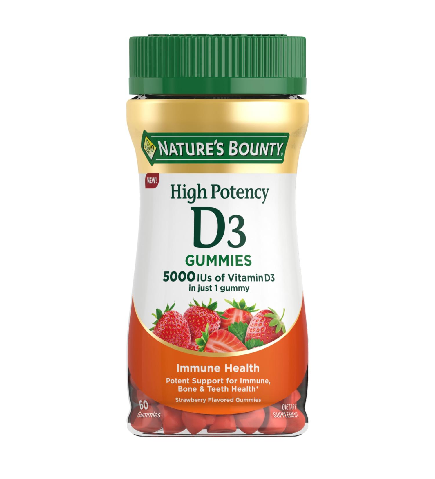 Nature s Bounty Vitamin D 5000 IU Gummies Vitamin D3 High Potency Immune Support & Bone Health Supplement 5000 IU in 1 Gummy Strawberry Flavor 2 month Supply 60 Vegetarian Gummies for Adults 60 Count (Pack of 1) - Buy Online on GoSupps.com