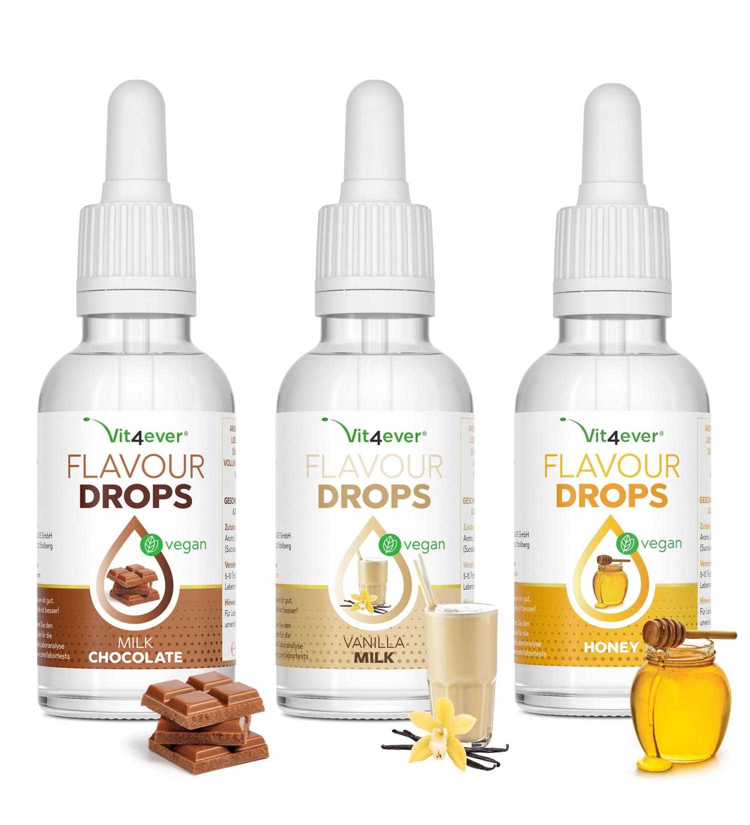 Flavor Drops 3x50ml Bundle - Calorie-Free Taste with Milk Chocolate Honey & Vanilla Milk - Basic 17 Pack - Buy Online on GoSupps.com