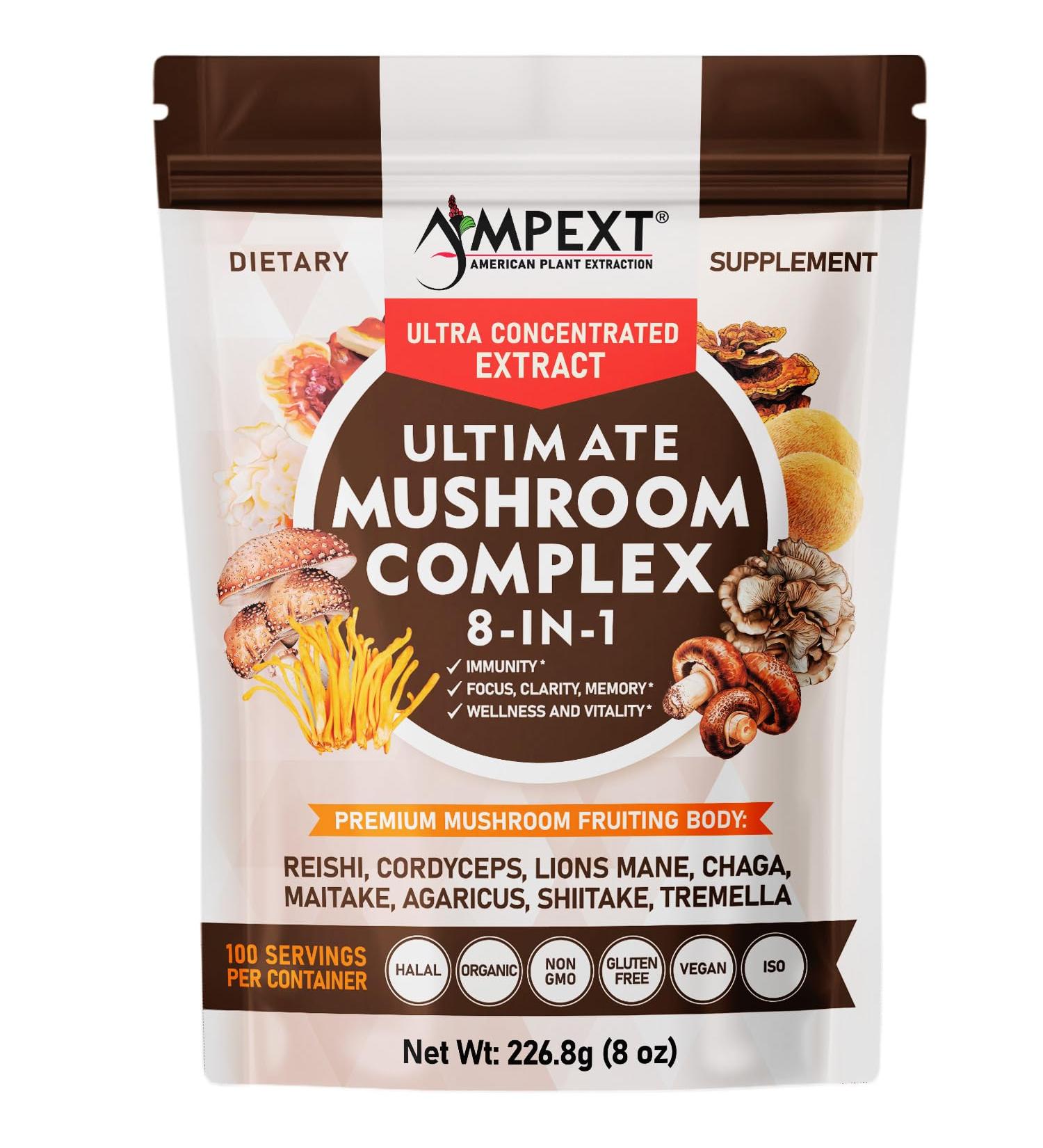 AMPEXT 8-in-1 Ultimate Mushroom Complex: A Blend of Water-Soluble Extracts from 8 Powerful Mushrooms, Formulated to Support Immunity, Enhance Clarity, Memory, Focus, Promote Wellness and Vitality - Buy Online on GoSupps.com
