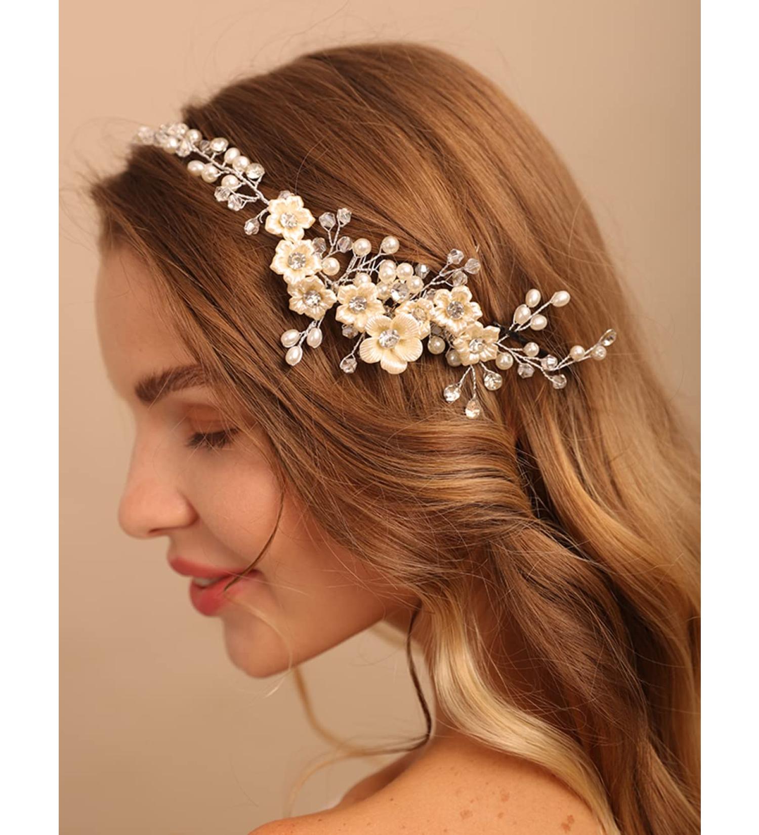 Deniferymakeup Flower Bride Wedding Hair Vine Comb Pearl Hair Accessories Crystal Hair Vine Bridal Headband Headpiece for Women and Girls - Buy Online on GoSupps.com