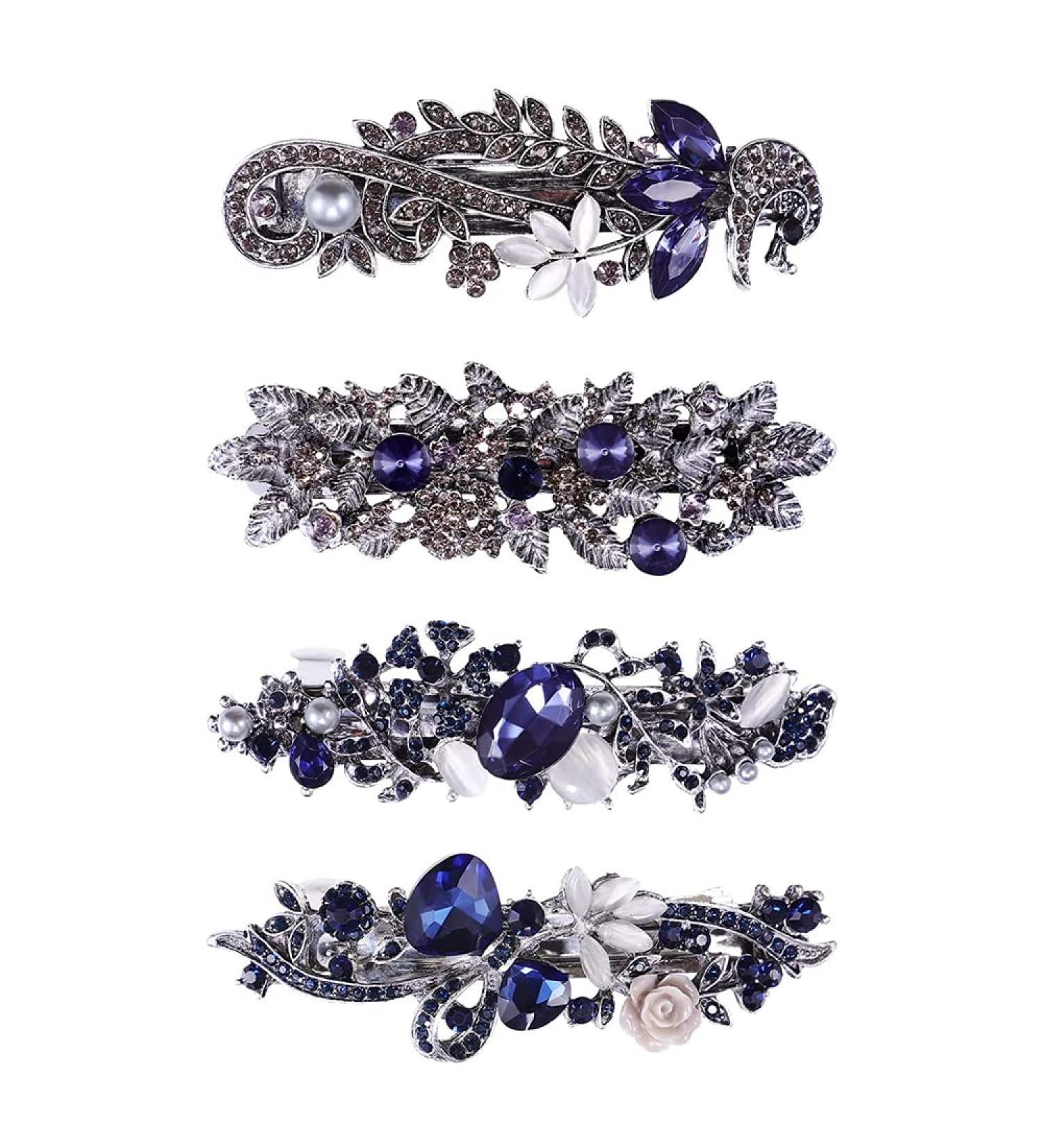 Buy 4-Piece Retro Rhinestone Hair Clips for Women | Vintage Crystal & Alloy Spring French Hair Accessories (Silver + Blue) - Buy Online on GoSupps.com