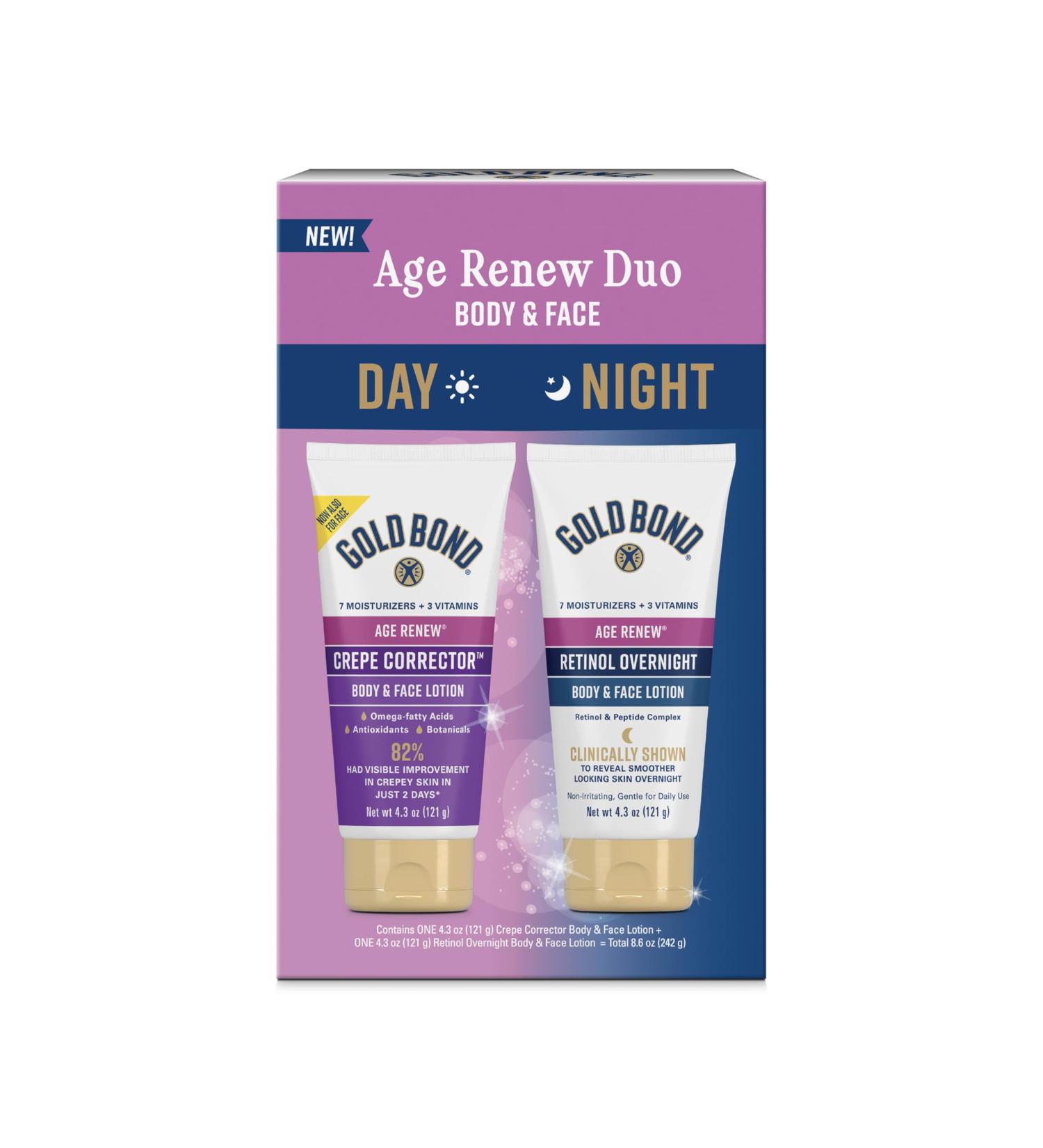 Gold Bond Age Renew Day & Night Duo Lotion Set for Body & Face Gold Bond Crepe Corrector & Retinol Overnight Lotion Visibly Firms Skin & Visibly Smooths Skin 8.6 oz - Buy Online on GoSupps.com