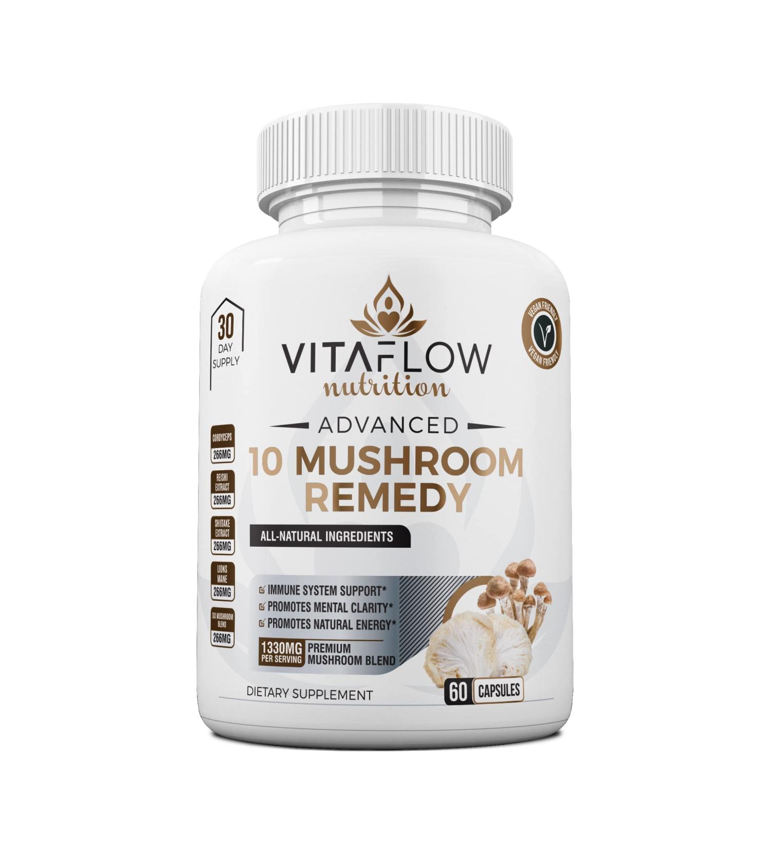 VITAFLOW 10 Mushroom Remedy- 60 Capsules with Lion's Mane, Reishi, Shiitake - Brain Boosting Immune Support - Buy Online on GoSupps.com
