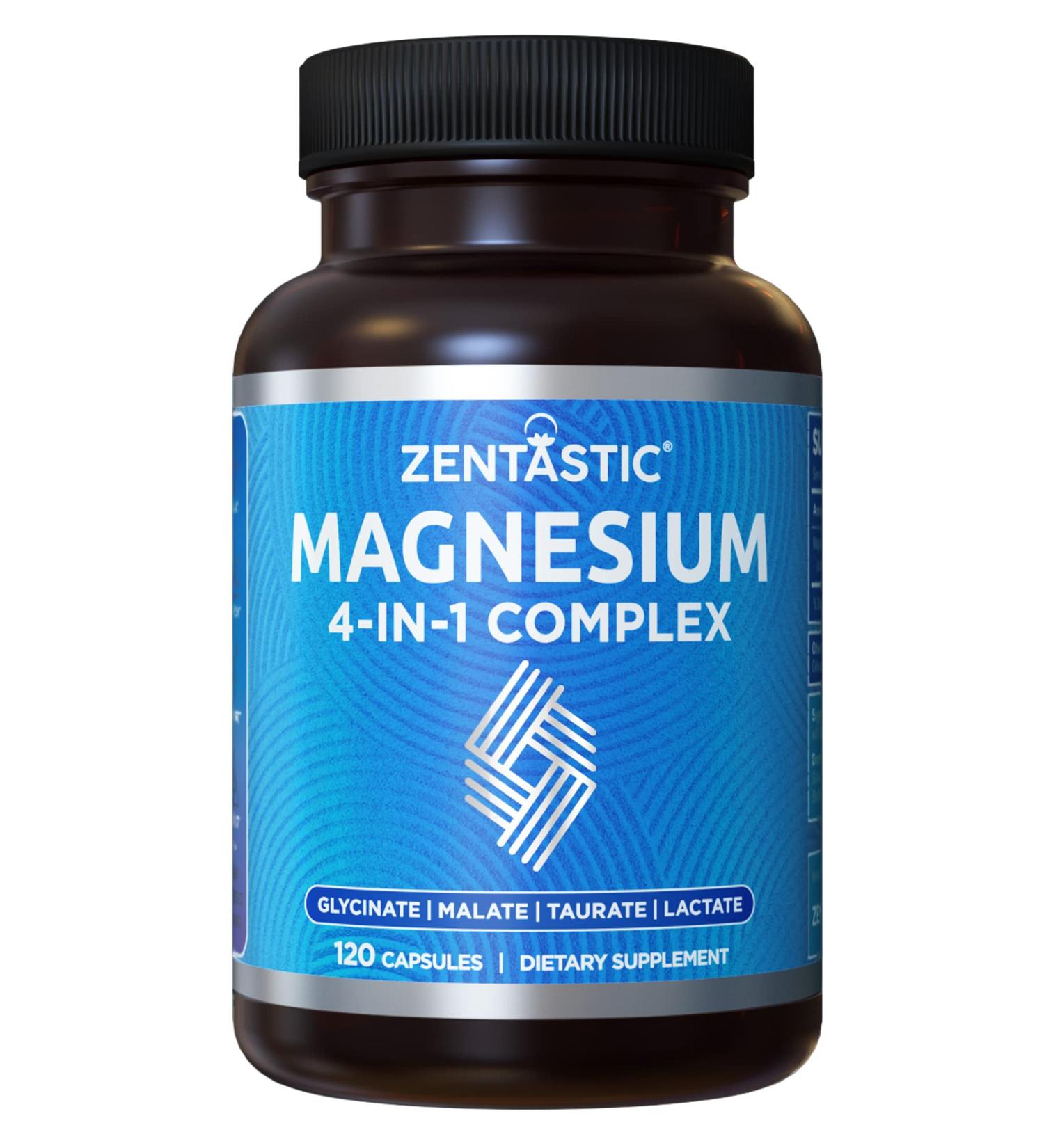 Zentastic 4-in-1 Magnesium Complex - Chelated Magnesium Glycinate Malate Taurate & Lactate - 120 Capsules for Healthy Muscles, Heart, and Bones - Buy Online on GoSupps.com