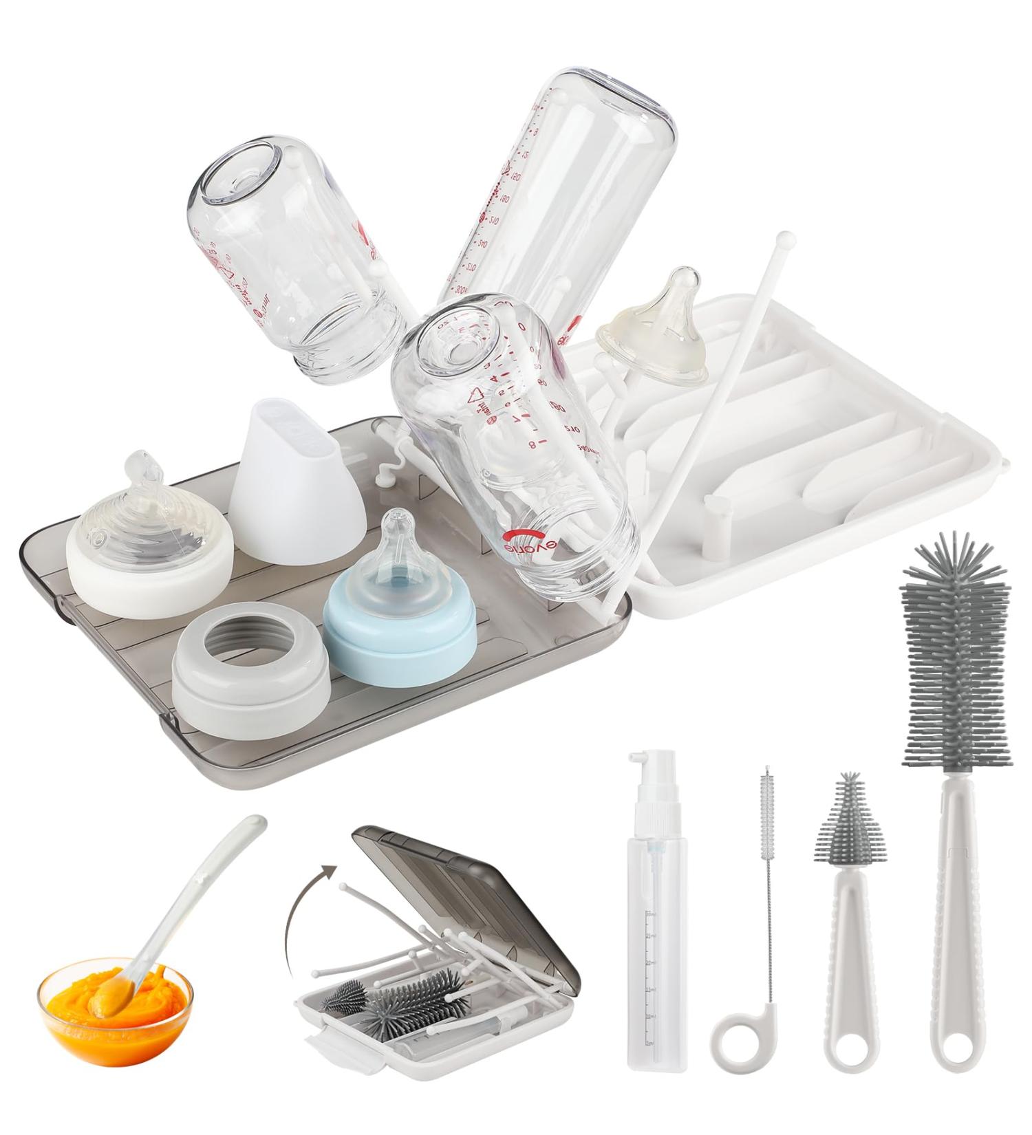 7 in 1 Bottle Brush Set with Baby Spoon - White | Baby Travel Essentials for Moms - Buy Online on GoSupps.com