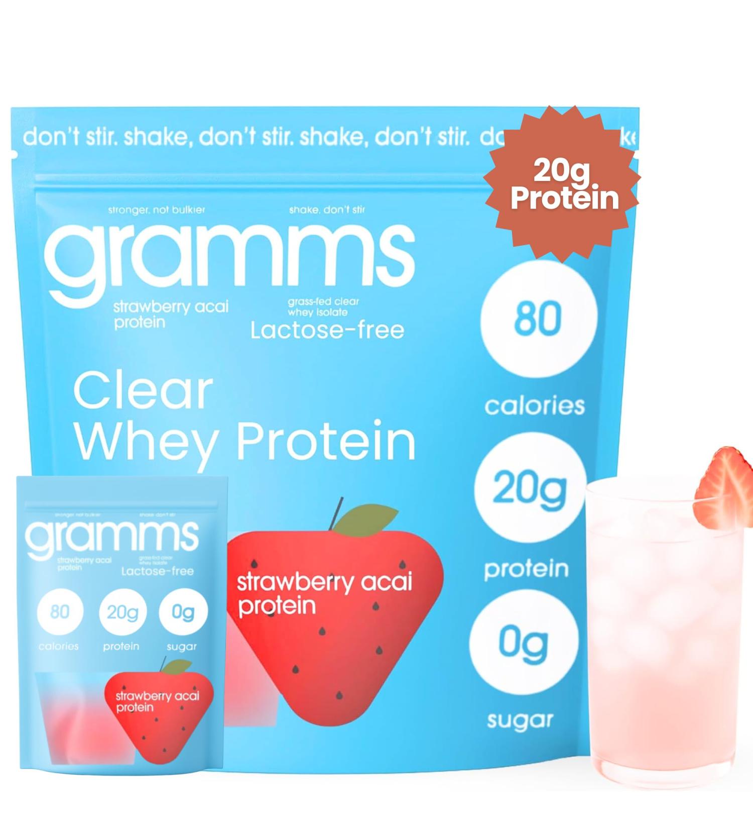 GRAMMS Clear Protein Powder Packets 20G Protein for Women & Men | Lactose Free Grass-Fed Whey Isolate Gluten Free Zero Sugar Gut Friendly Non-Bloating (Strawberry Acai-10 Servings) - Buy Online on GoSupps.com