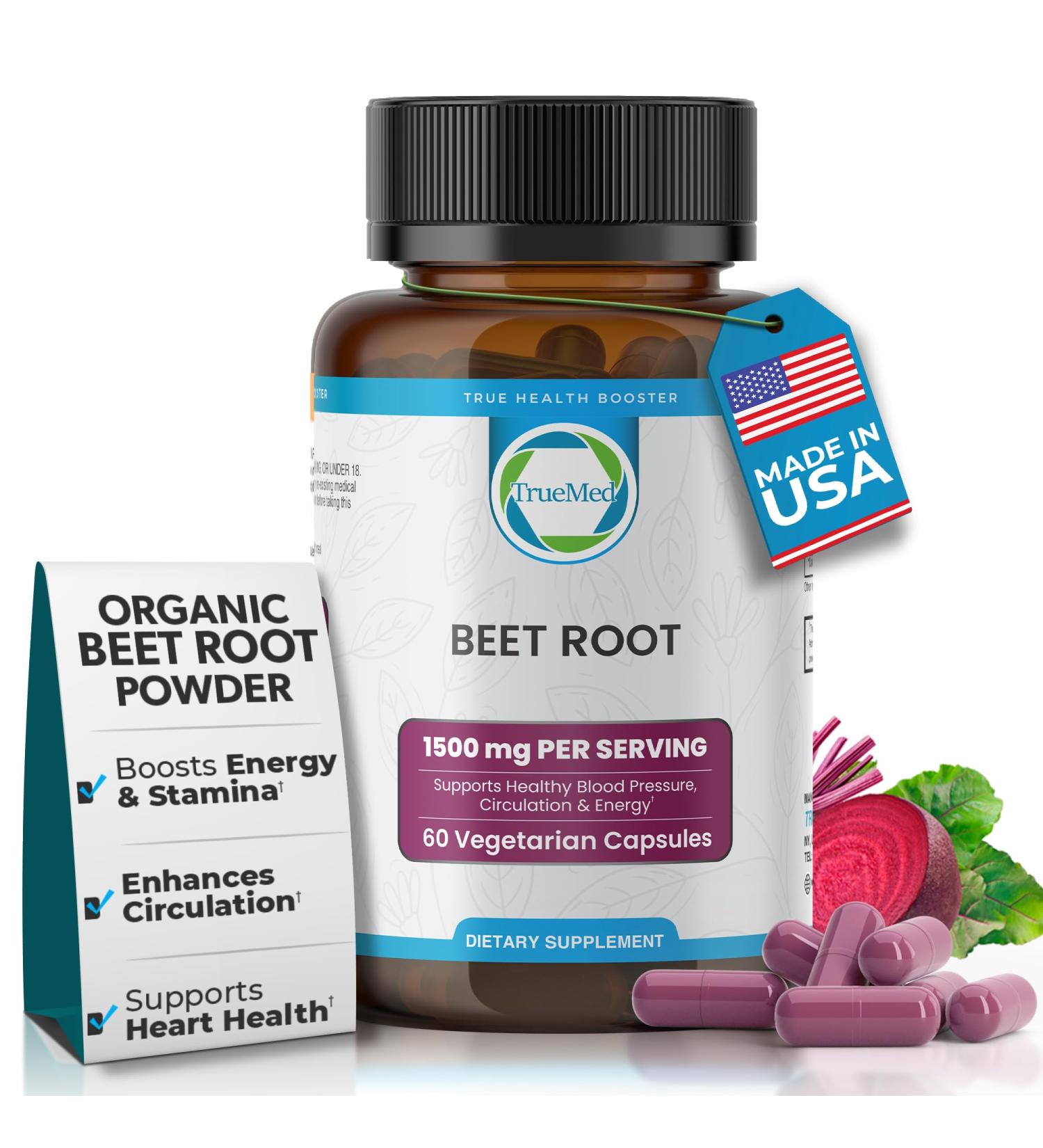 TrueMed Organic Beetroot Capsules 1500mg Beet Root Supplements for Blood Pressure Energy & Circulation Support | Natural Beet Supplement Stamina & Endurance | Non-GMO Vegan 60 Capsules USA Made - Buy Online on GoSupps.com