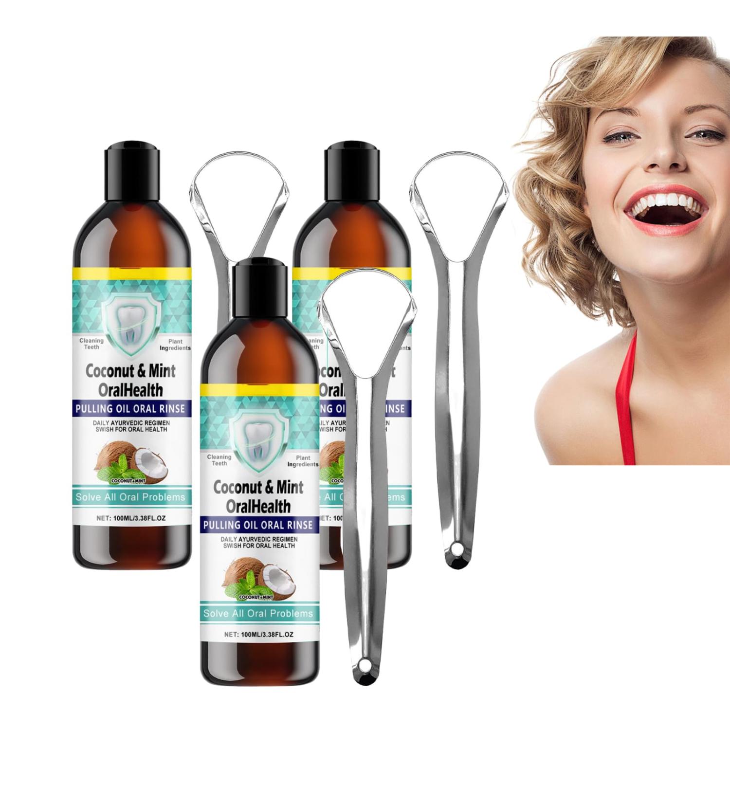 VKaoess Mouthwash with coconut oil Mouthwash with coconut oil for oral care Natural mouthwash against plaque and bad breath with tongue scraper for fresh breath 100 ml 3 bottles - Buy Online on GoSupps.com
