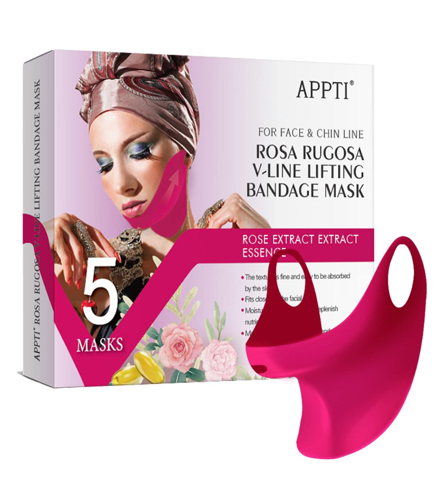 APPTI 5 Pcs Rosa Rugosa V-Line Lifting Bandage Mask for Women - Double Chin Reducer and Face Slimmer Mask with Chin Up Patch - V-Line Shaping for Cheek and Neck - Buy Online on GoSupps.com