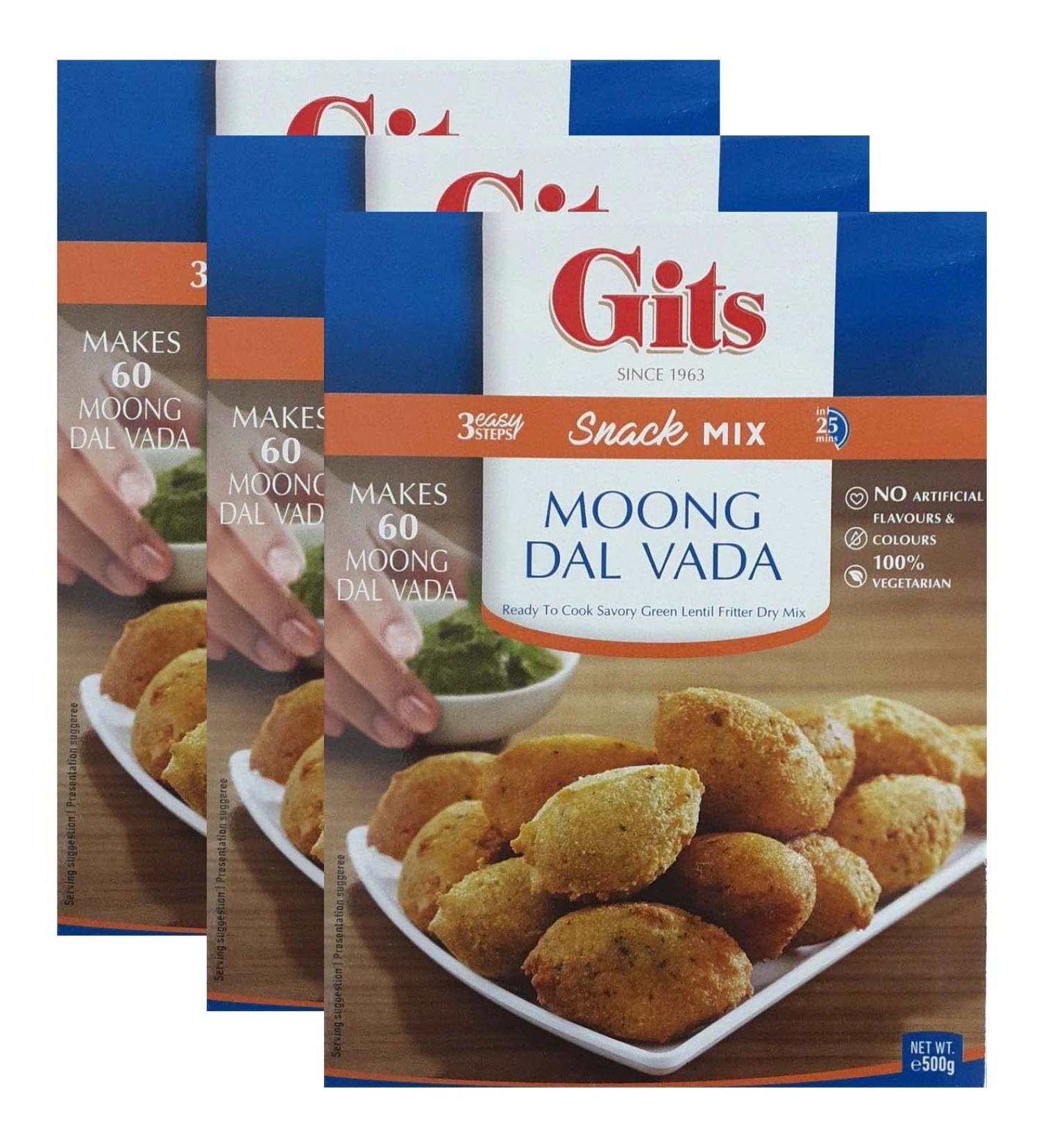 Gits Moong Dal Vada Snack Mix 500g - Makes Delicious Mildly spiced dumplings made of Moong (lentil) flour - A Traditional Indian Savory Snack makes 5 serving (Pack of 3) Spicy Pack of 3 - Buy Online on GoSupps.com