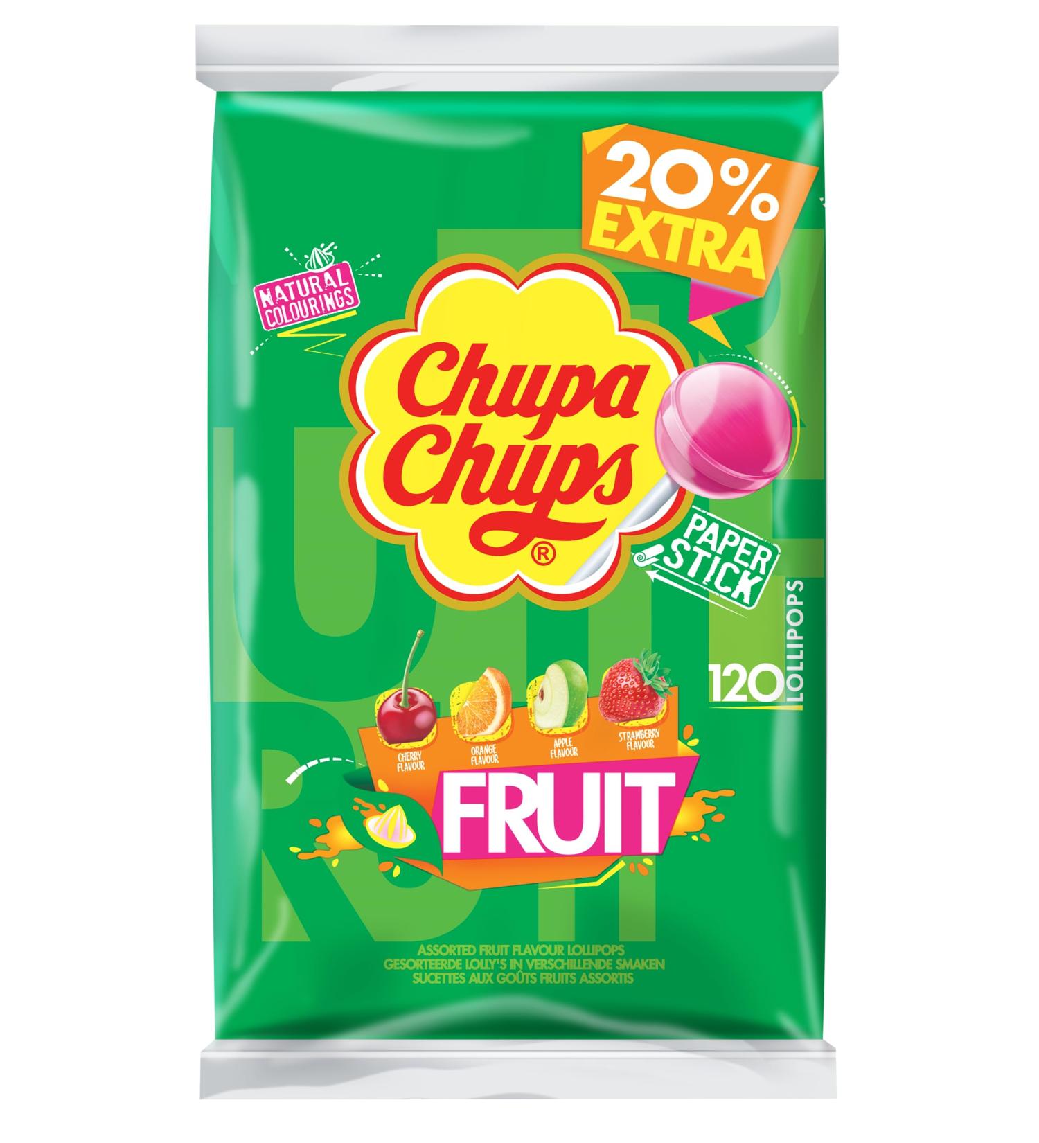 Chupa Chups Fruit Lollipop Bag - 120 Assorted Lollipops in Apple Strawberry Orange & Cherry - Perfect for Parties & Gifts - International Shipping Available - Buy Online on GoSupps.com