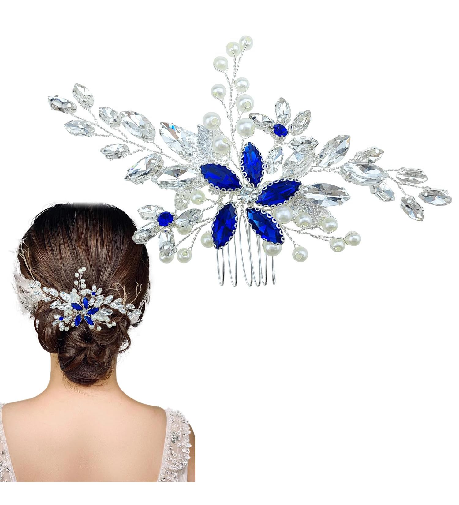 Bridal Blue Rhinestone Pearl Hair Comb - Floral Hair Accessories for Women and Girls - Buy Online on GoSupps.com