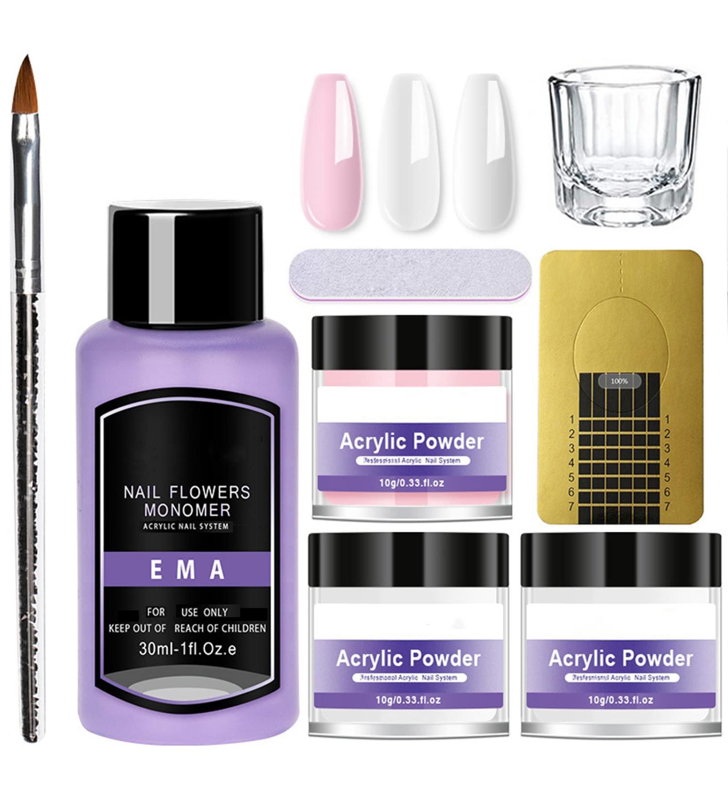 Acrylic Nail Kit with Powder Set - Perfect for Beginners - Nail Extension Carving Set with Nail Brush - Clear, White, Pink Colors - Buy Online on GoSupps.com