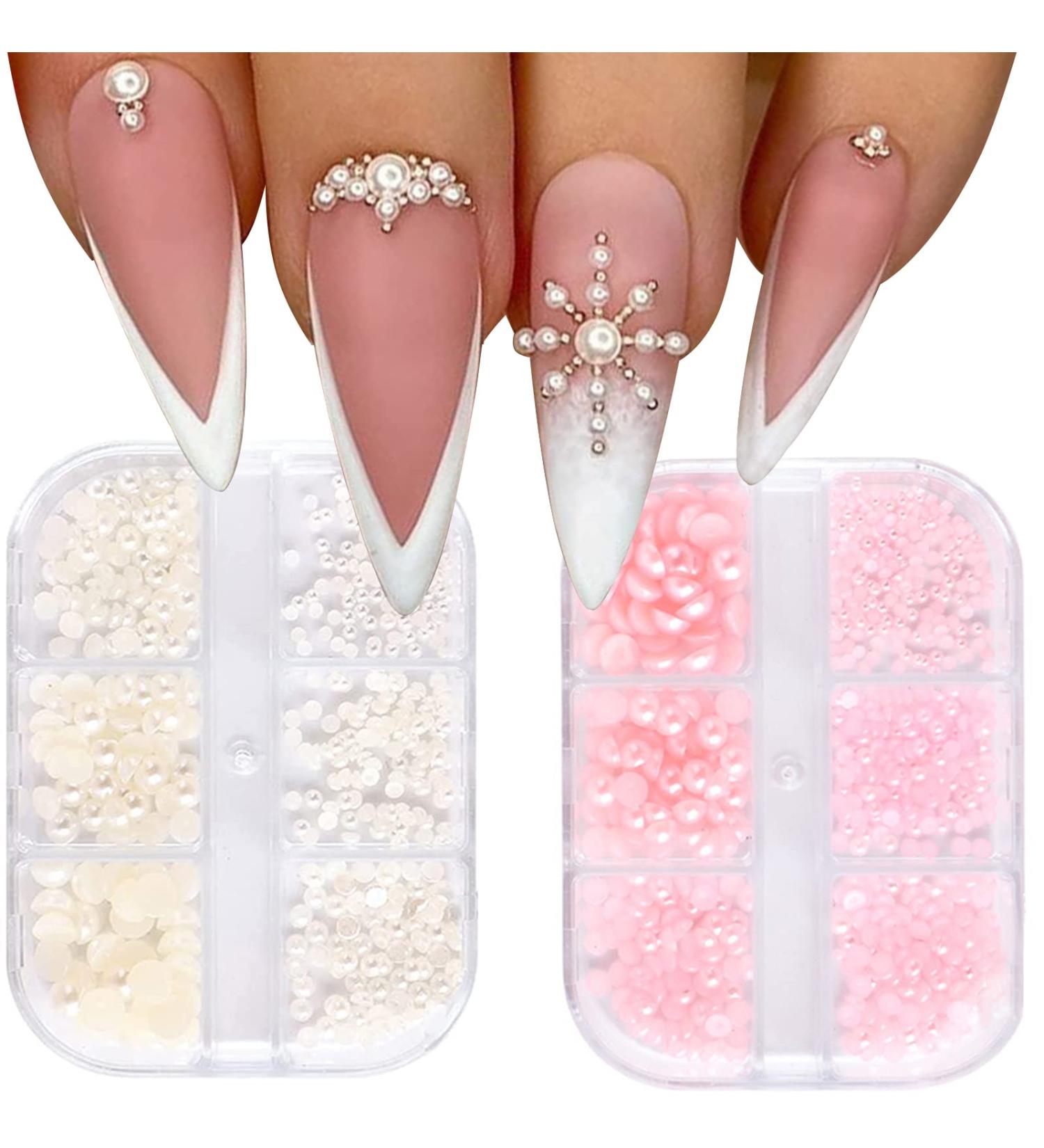 YOSOMK 2 Boxes Nail Art Pearls - White Pink Half Round Charms for Women Nail Decorations | Mixed Sizes 1.5mm-5mm Nail Accessories - Buy Online on GoSupps.com