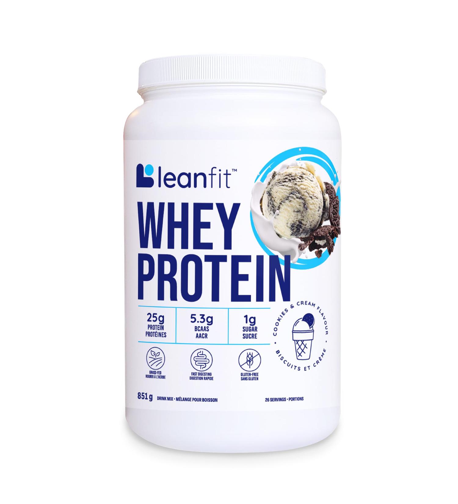 LEANFIT WHEY PROTEIN Cookies & Cream 100% Whey Protein Powder 25g Protein Per Serving Grass-Fed Gluten-Free BCAAs Amino Acid - 26 Servings 851g Tub - Buy Online on GoSupps.com