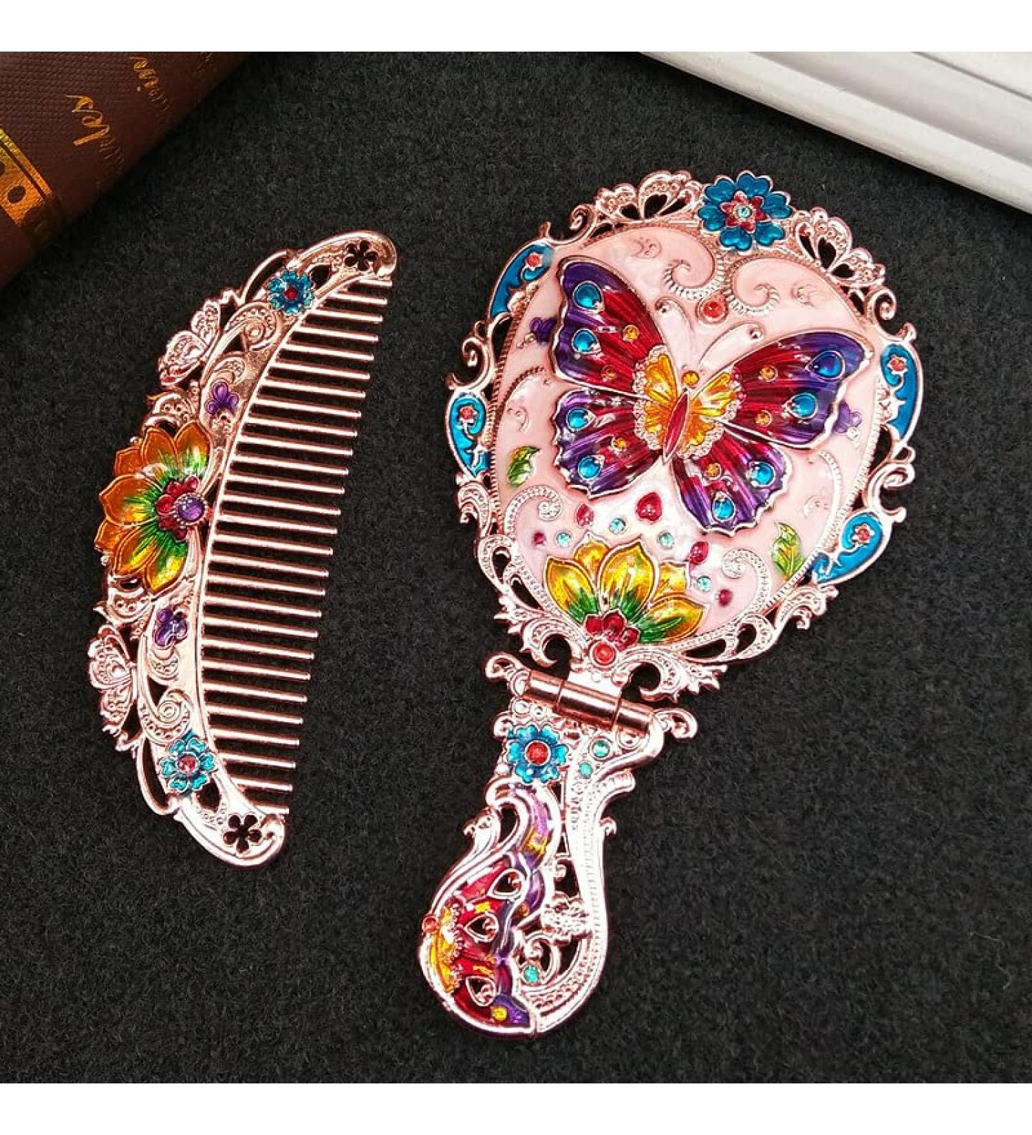 BYVUTE Vintage Handheld Mirror Set with Comb - Antique Princess Castle Vanity Mirror and Embossed Hair Brush Gift for Women and Girls - Buy Online on GoSupps.com