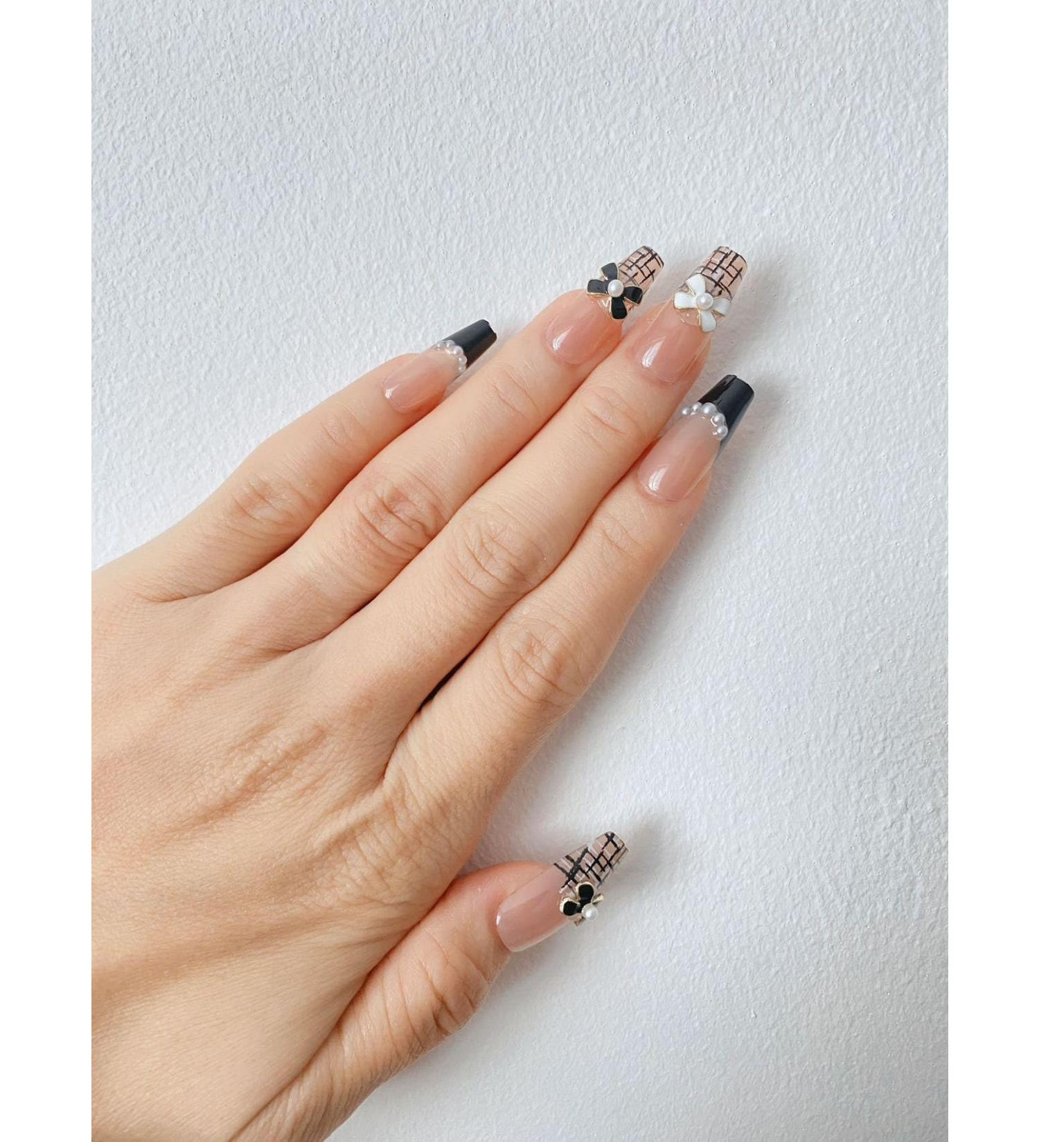 Long Stiletto French Checked Bow Pearl Black and White Fake Press On Nails - Buy Online on GoSupps.com