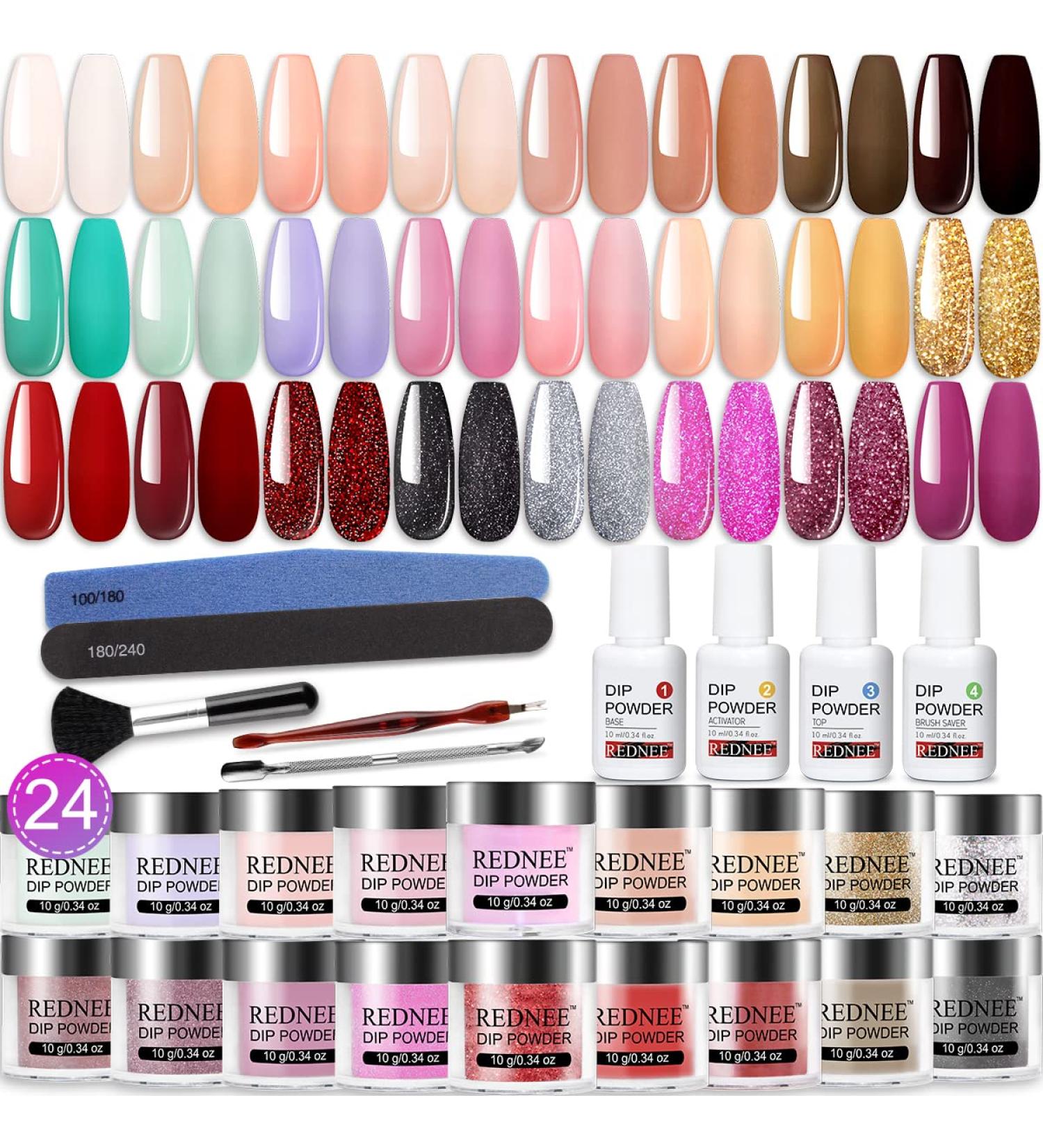 REDNEE 33 Pcs Quick Dry Dip Powder Nail Kit Starter | 24 Colors Dipping Powder Set | Nude Pink Purple Red Glitter | Advanced Formula Gift Set RE14 - Buy Online on GoSupps.com