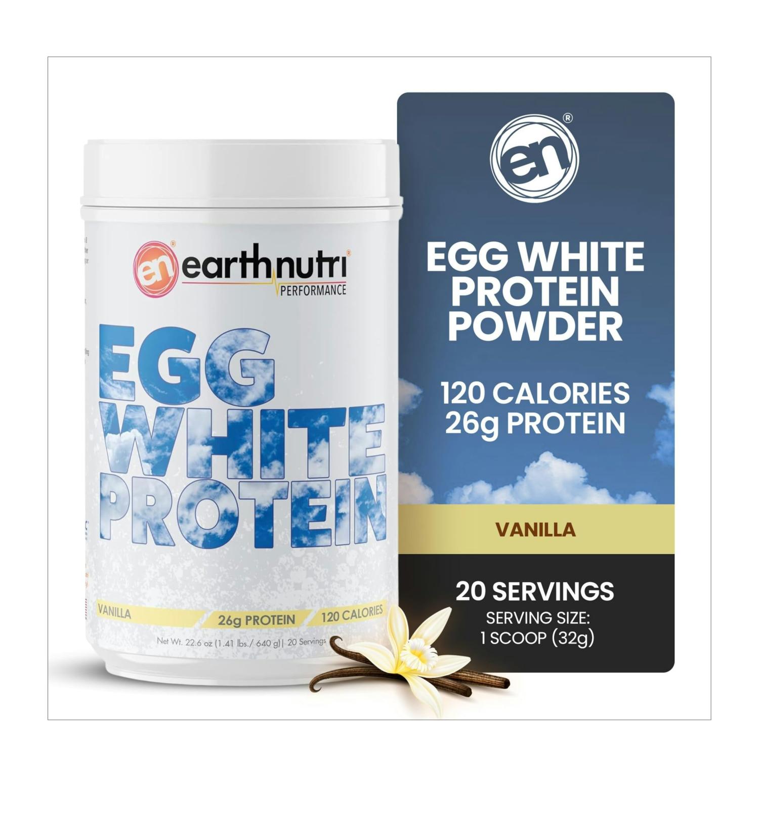 EarthNutri - Egg White Protein Powder Supplement for Pre Intra or Post Workout 26g of Protein Per Serving Supports Muscle Strength & Recovery No Artificial Additives - Vanilla 20 Servings (640g) - Buy Online on GoSupps.com