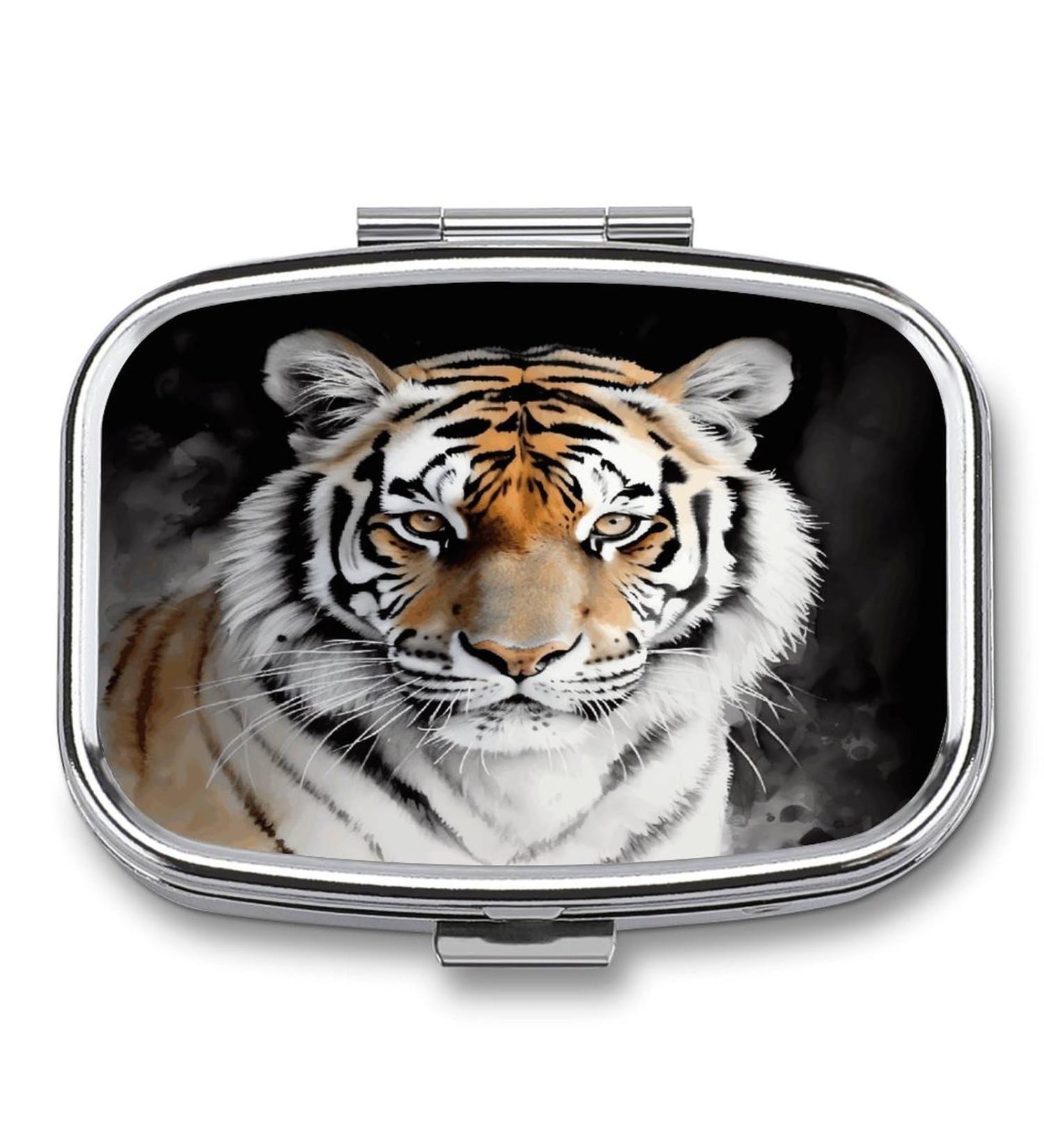 Tiger Print Pill Box | 2 Compartment Decorative Metal Organizer for Pocket & Purse | Portable Medicine Case - Buy Online on GoSupps.com