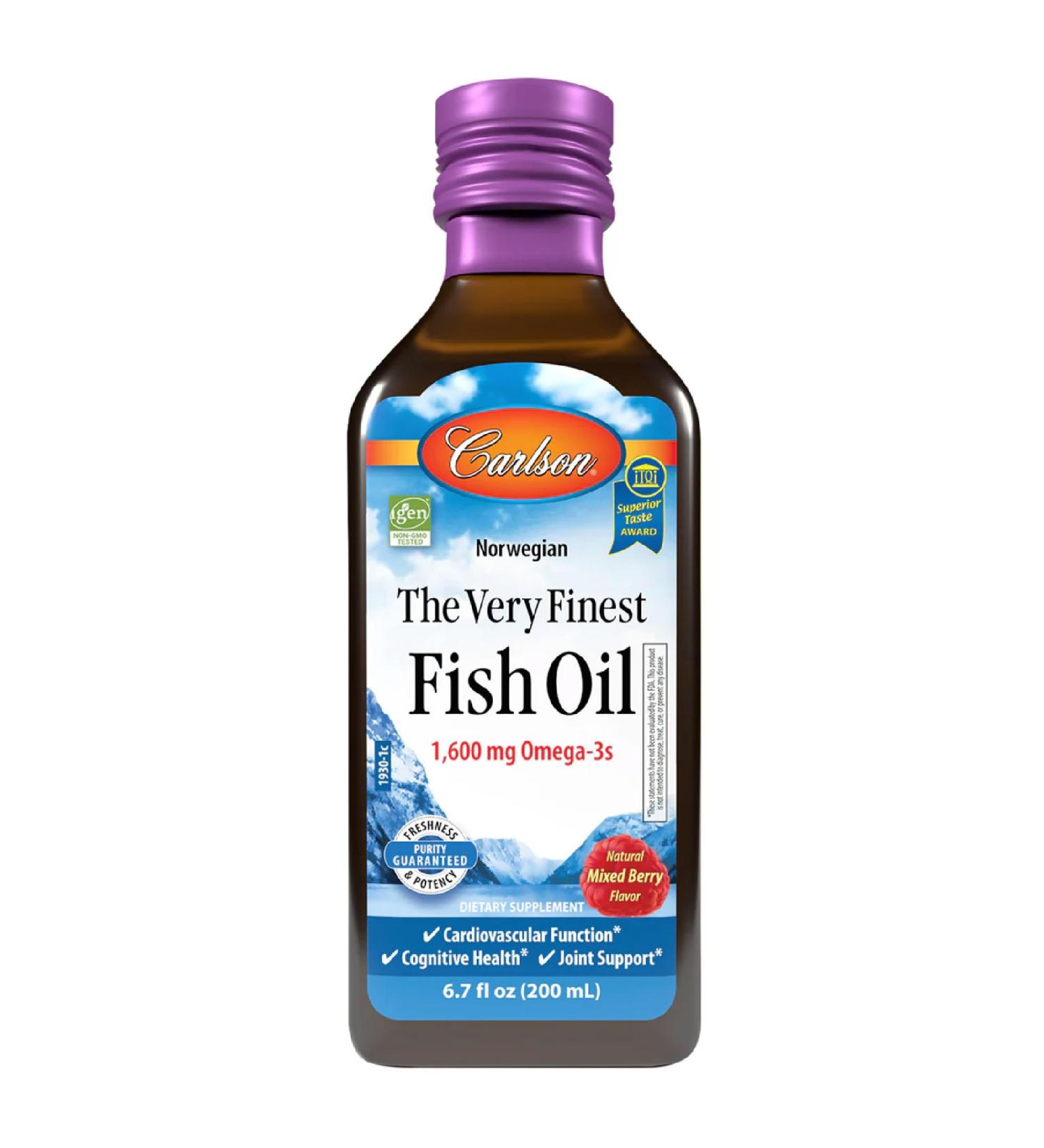 Carlson - The Very Finest Fish Oil 1600 mg Omega-3s Fatty Acids EPA DHA & DPA Liquid Fish Oil Supplement Norwegian Wild-Caught Sustainably Sourced Mixed Berry 200 mL (6.7 Fl Oz) - Buy Online on GoSupps.com