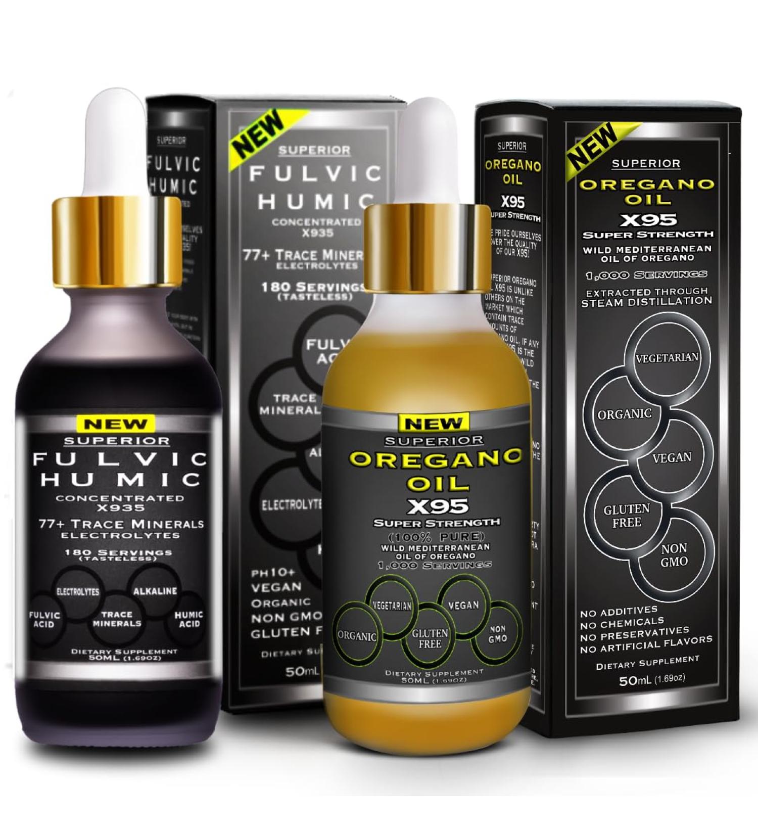 Fulvic Humic Acid Ionic Trace Minerals with Electrolytes Liquid Supplement Plus Oregano Oil Drops Super Strength More Versatile Then Oil of Oregano Softgels and Capsules - Buy Online on GoSupps.com