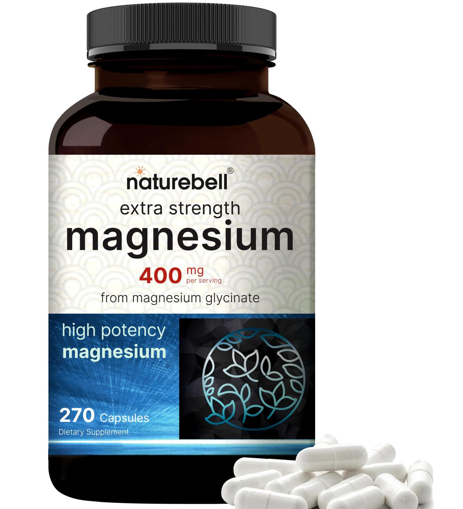 NatureBell Magnesium Glycinate 400mg Elemental 270 Capsules | 100% Chelated for High Absorption | Supports Muscle Bone & Heart Health | Non-GMO Gluten-Free Vegan - Buy Online on GoSupps.com