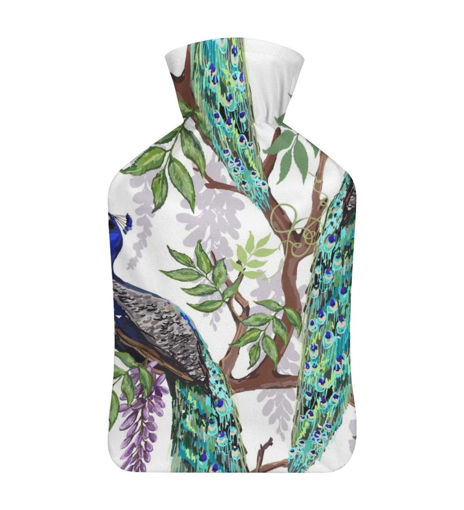 Hot Water Bottle with Lid - Peacock & Tree Design | Rubber Hot Water Bag for Pain Relief Cramps & Cold Therapy - Buy Online on GoSupps.com