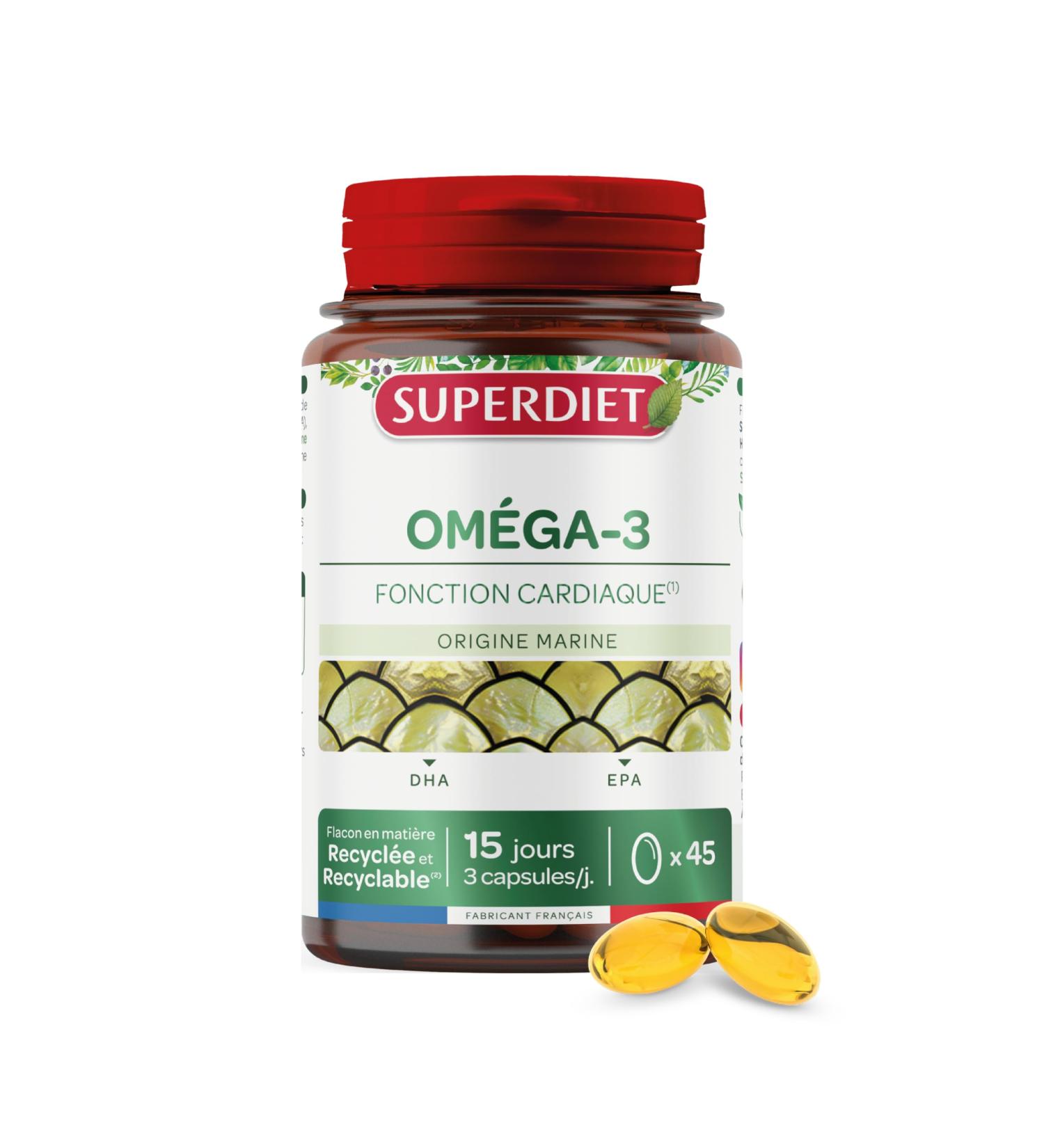 SUPERDIET - OMEGA 3 - DHA - EPA - Heart function - Wild fish oil - Nutritherapy - Packaged in France - 45 capsules - Buy Online on GoSupps.com