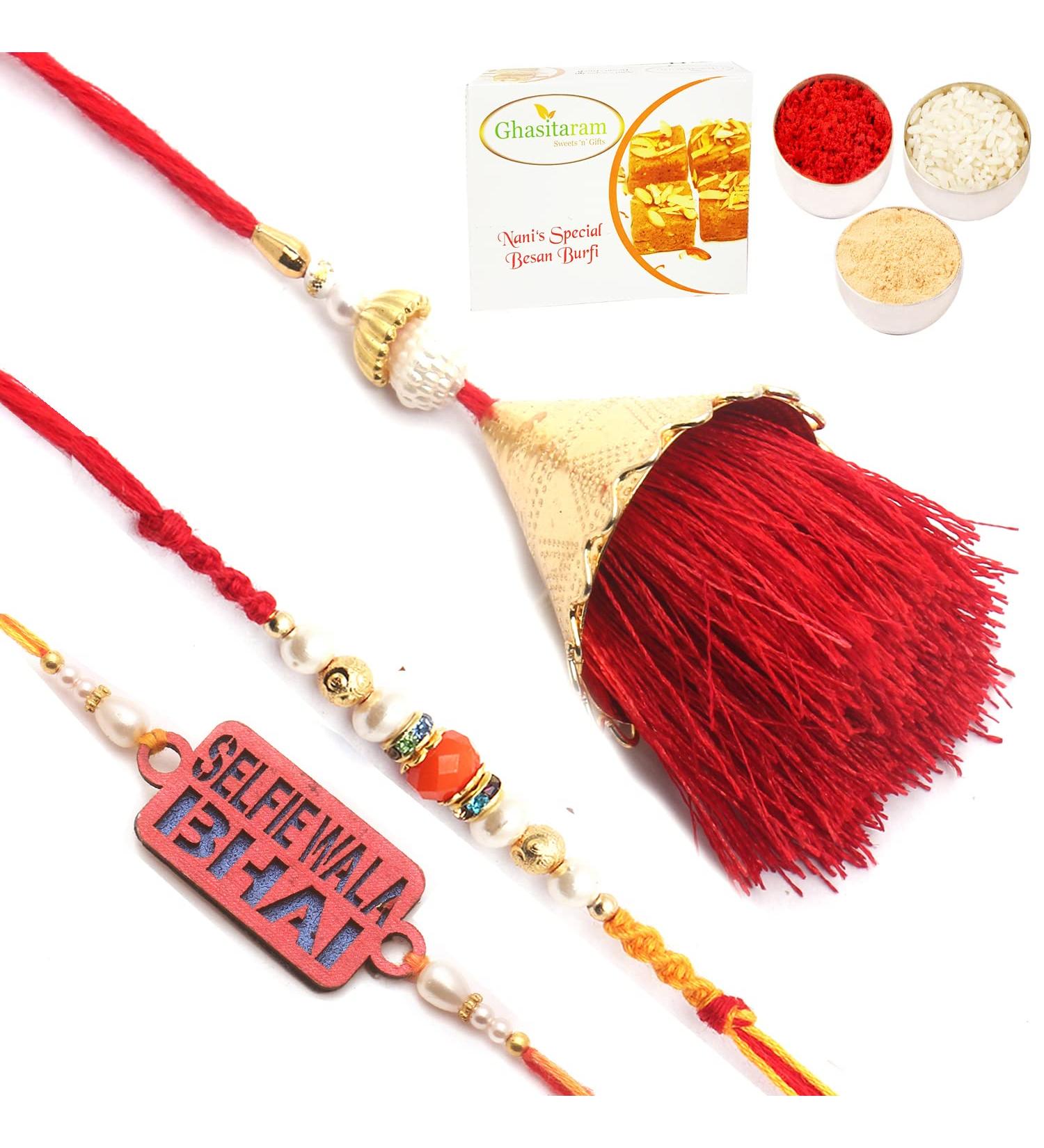 Ghasitaram Gifts Rakhi for Brother Rakhis Online - Set of 3 Bong of Blessings Bhaiya Bhabhi Rakhi and Selfiewala Bhai Kids Rakhi with 200 GMS of Besan Barfi - Buy Online on GoSupps.com