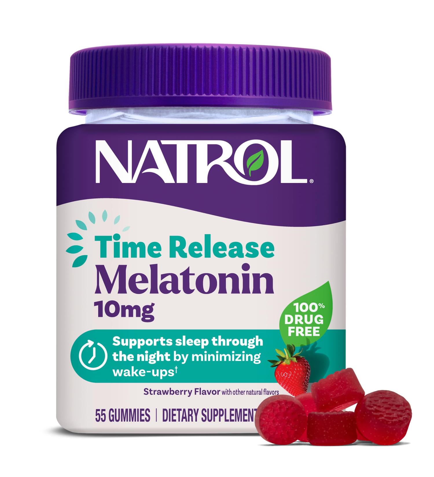 Natrol 10 mg Melatonin Gummies Time Release Sleep Gummies for Adults Minimize Wake Ups Strawberry-Flavored 55 Count 55 Day Supply - Buy Online on GoSupps.com