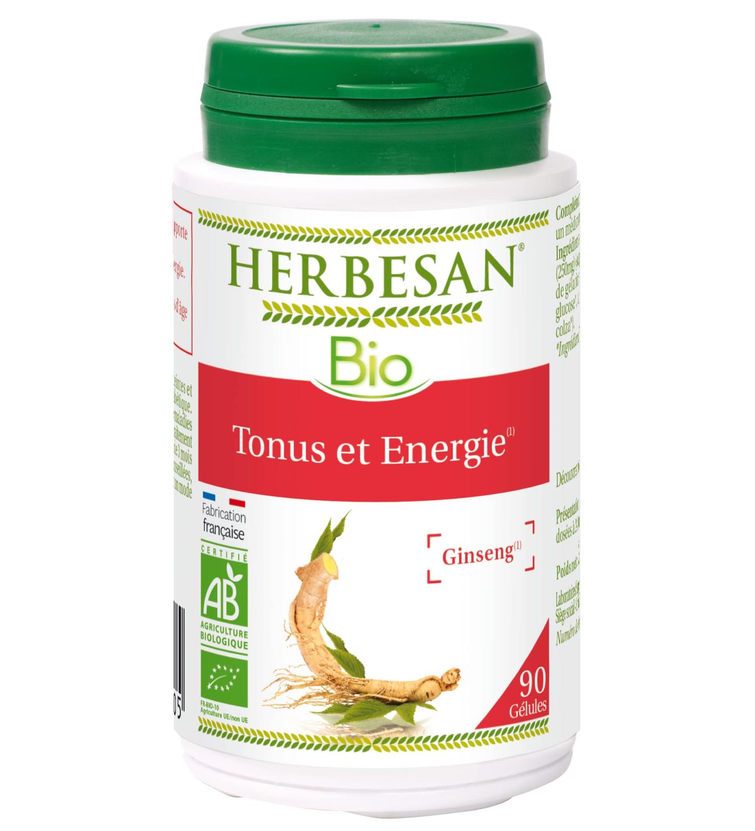 HERBESAN -GINSENG ORGANIC - Tone and Vitality - Made in France - 90 capsules
