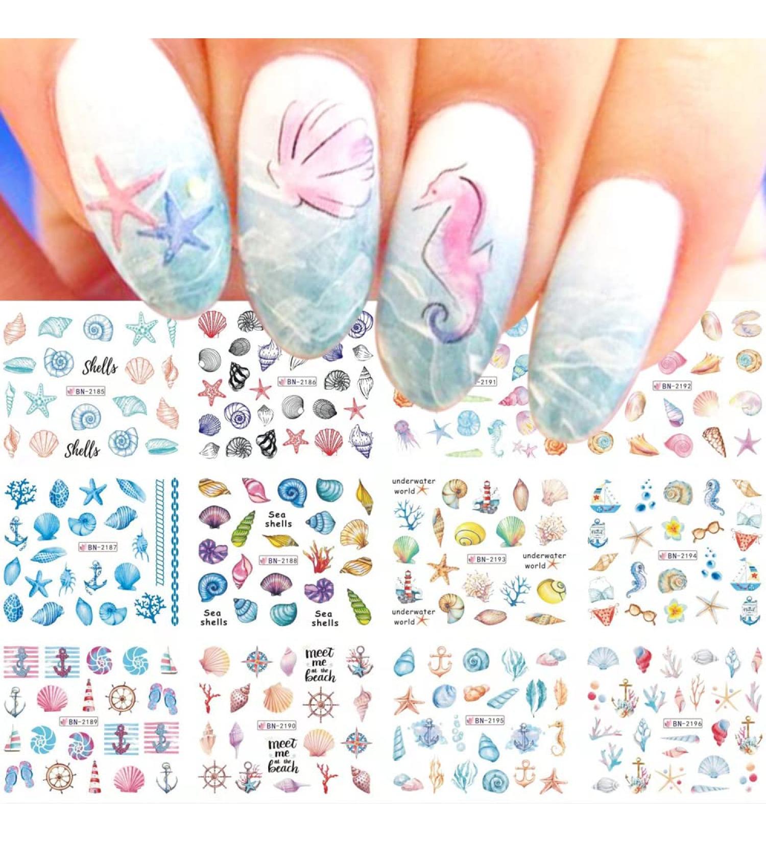 Sea Shell Nail Art Stickers - Summer Party Designs for Women | 12-Sheet Set - Buy Online on GoSupps.com