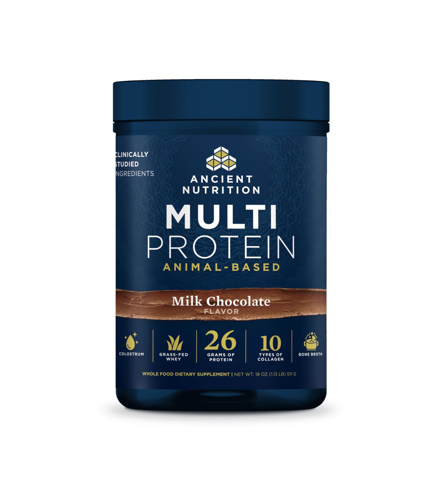 Ancient Nutrition Multi Protein Animal Based Powder 26g Protein Grass Fed Whey Bone Broth Collagen Peptides Colostrum & Probiotics Supports Joint & Gut Health Milk Chocolate 15 Servings - Buy Online on GoSupps.com