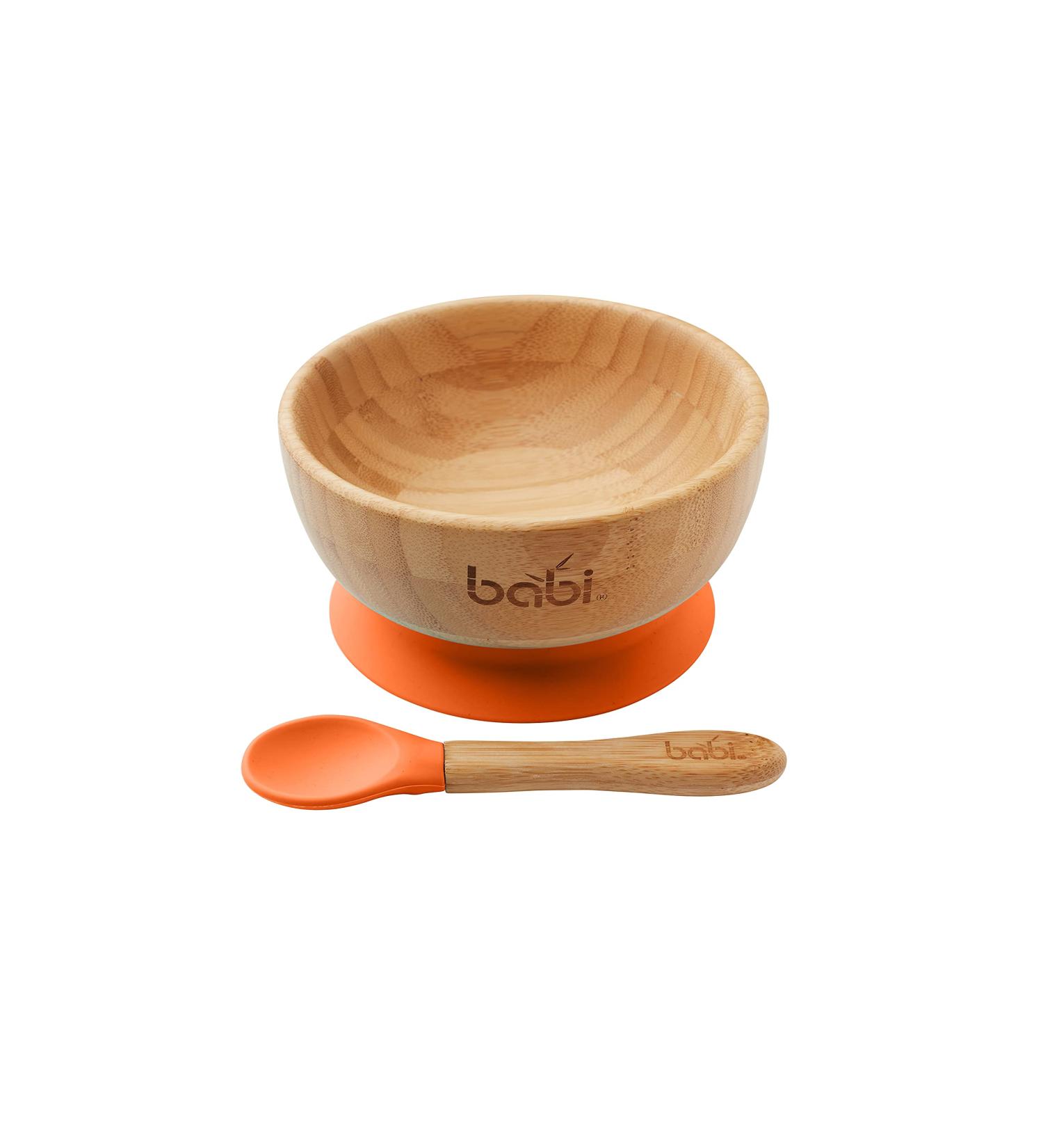 Babi Baby Toddler Large Bowl & Spoon Set | Natural Bamboo with Silicone Suction Ring (Orange) - Buy Online on GoSupps.com