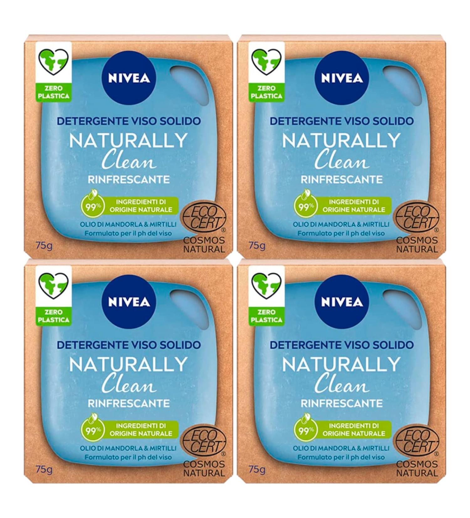  NIVEA Nivea Naturally Clean Cooling Solid Face Wash with Almond Oil & Blueberries Vegan Formula with 99% Naturally Derived Ingredients - 4 x 75g Soaps - Buy Online on GoSupps.com