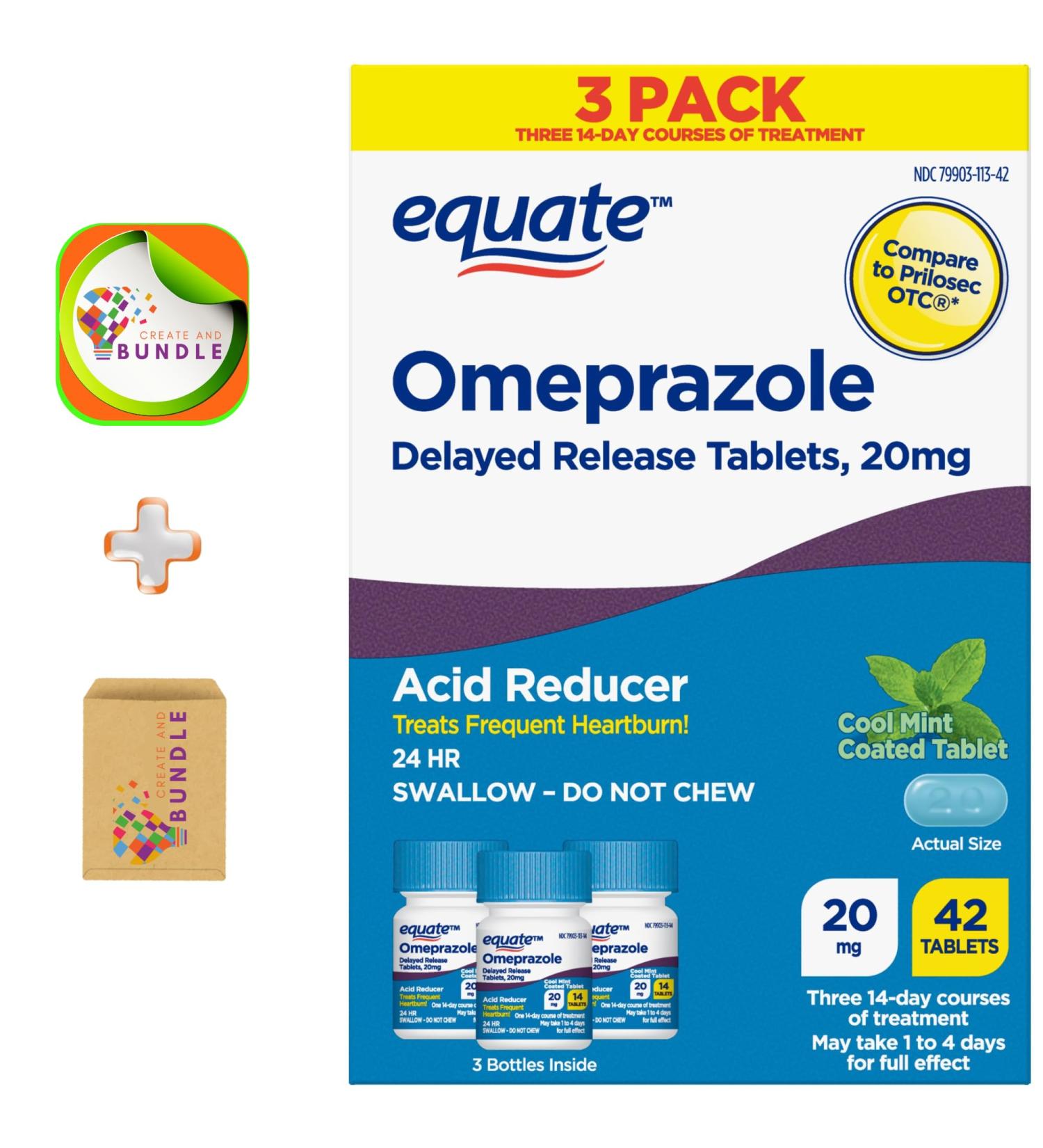 Equate Omeprazole Delayed Release Coated Tablets 20 mg Cool Mint Flavor 42 Count - Effective Heartburn Relief with a Refreshing Mint Taste + Create Sticker - Buy Online on GoSupps.com