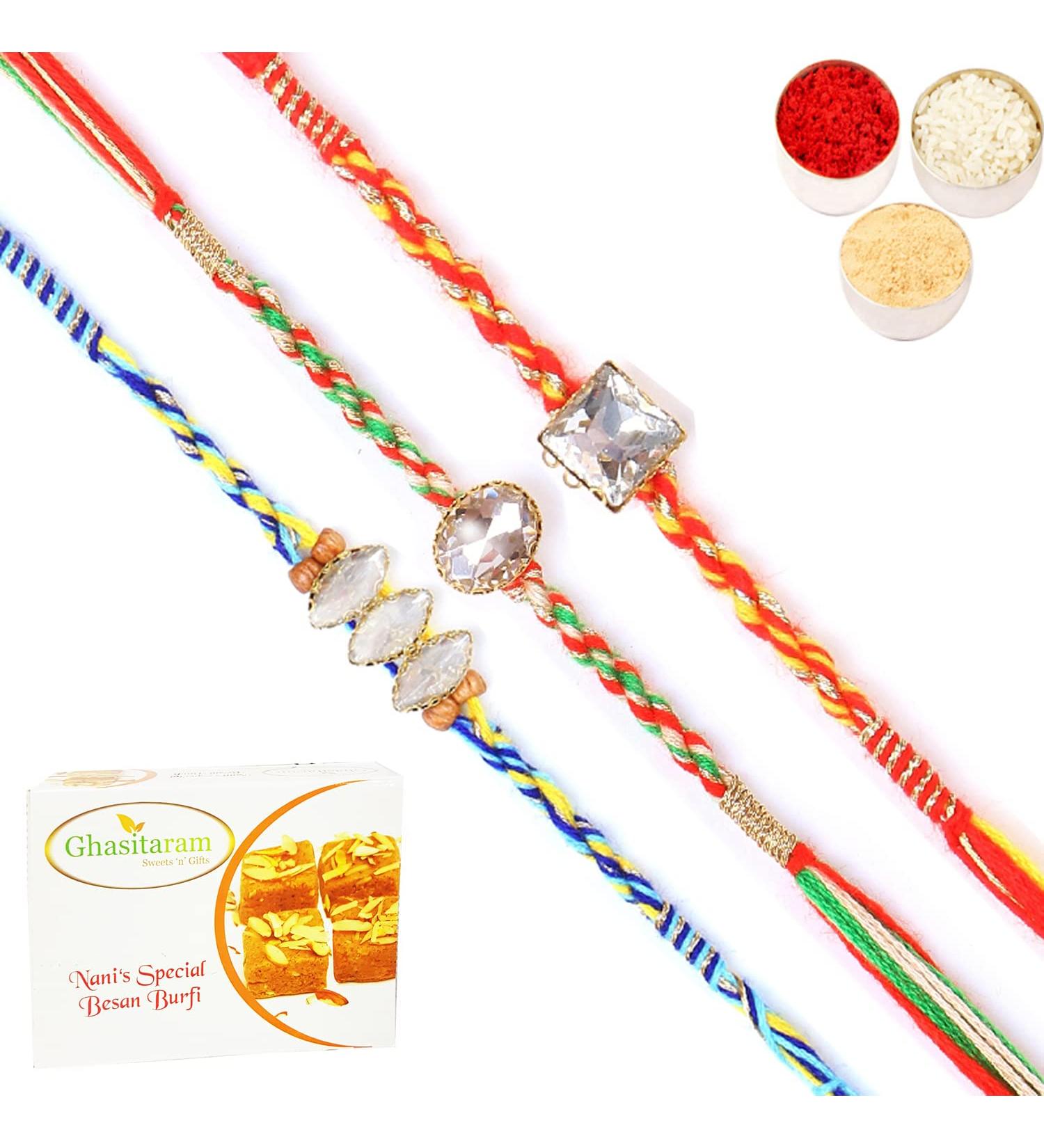 Ghasitaram Gifts Rakhi for Brother Rakhis Online - Set of 3 6300 6371 6400 Fancy Rakhis with 200 GMS of Besan Barfi - Buy Online on GoSupps.com