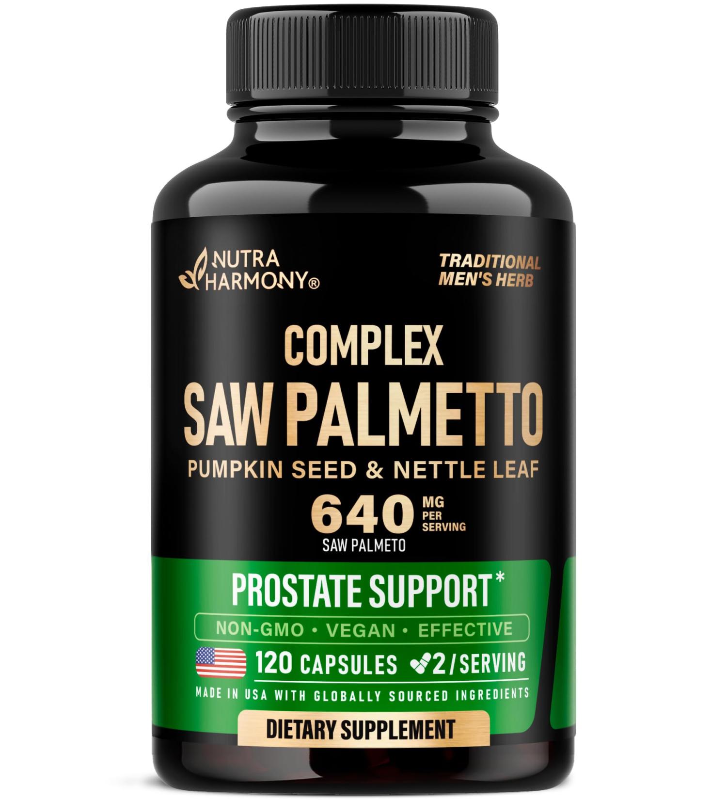 Saw Palmetto for Men 640mg - Pumpkin Seed | Nettle | Zinc & Pygeum - Prostate Health & Urinary Supplement - DHT Blocking & Hair Support - 45% Fatty Acids Clinical Strength - Made in USA 120 Capsules 120 Count (Pack of 1) - Buy Online on GoSupps.com
