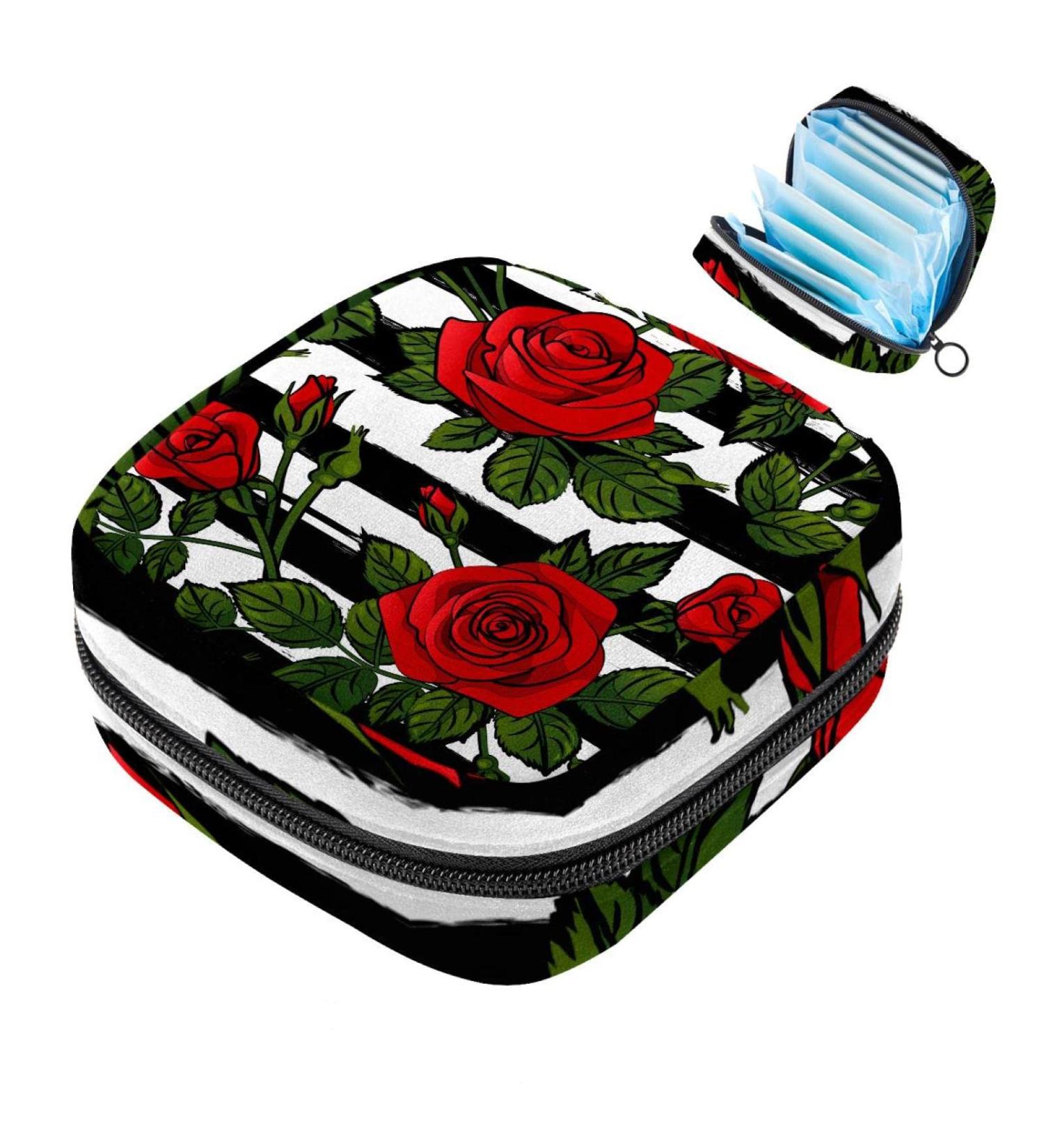 Women's Tampon Storage Bag - Red Rose Floral Stripes Zip Pockets for Menstrual Products - Stylish & Functional! - Buy Online on GoSupps.com