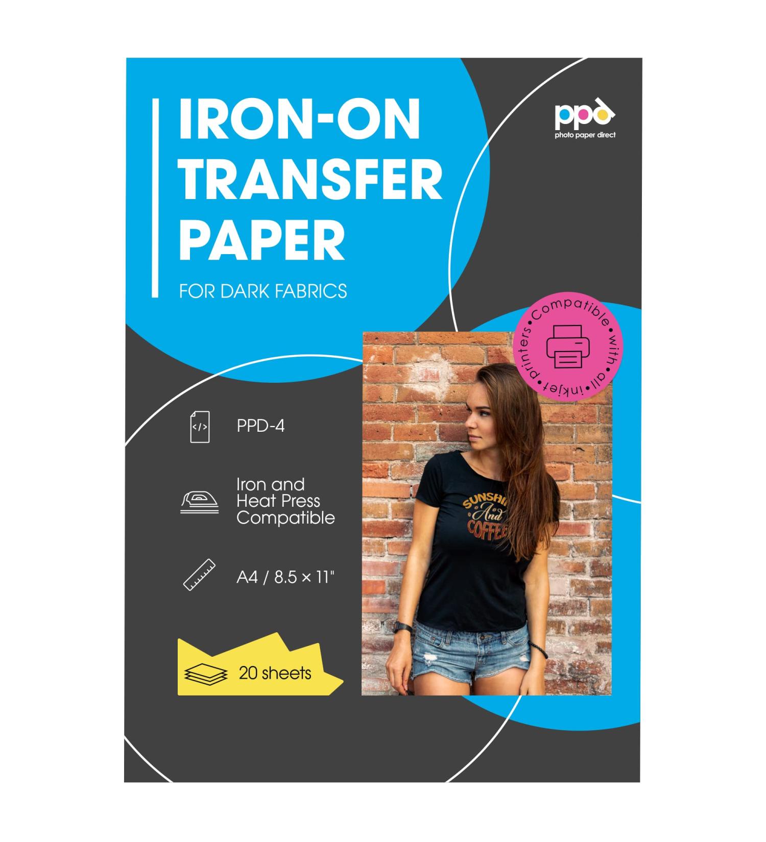 PPD Inkjet Premium T Shirt Transfer Paper - Iron On for Dark Fabric - 8.5 x 11 inch Paper Size - 20 Sheet Count - PPD-4-20 - Buy Online on GoSupps.com