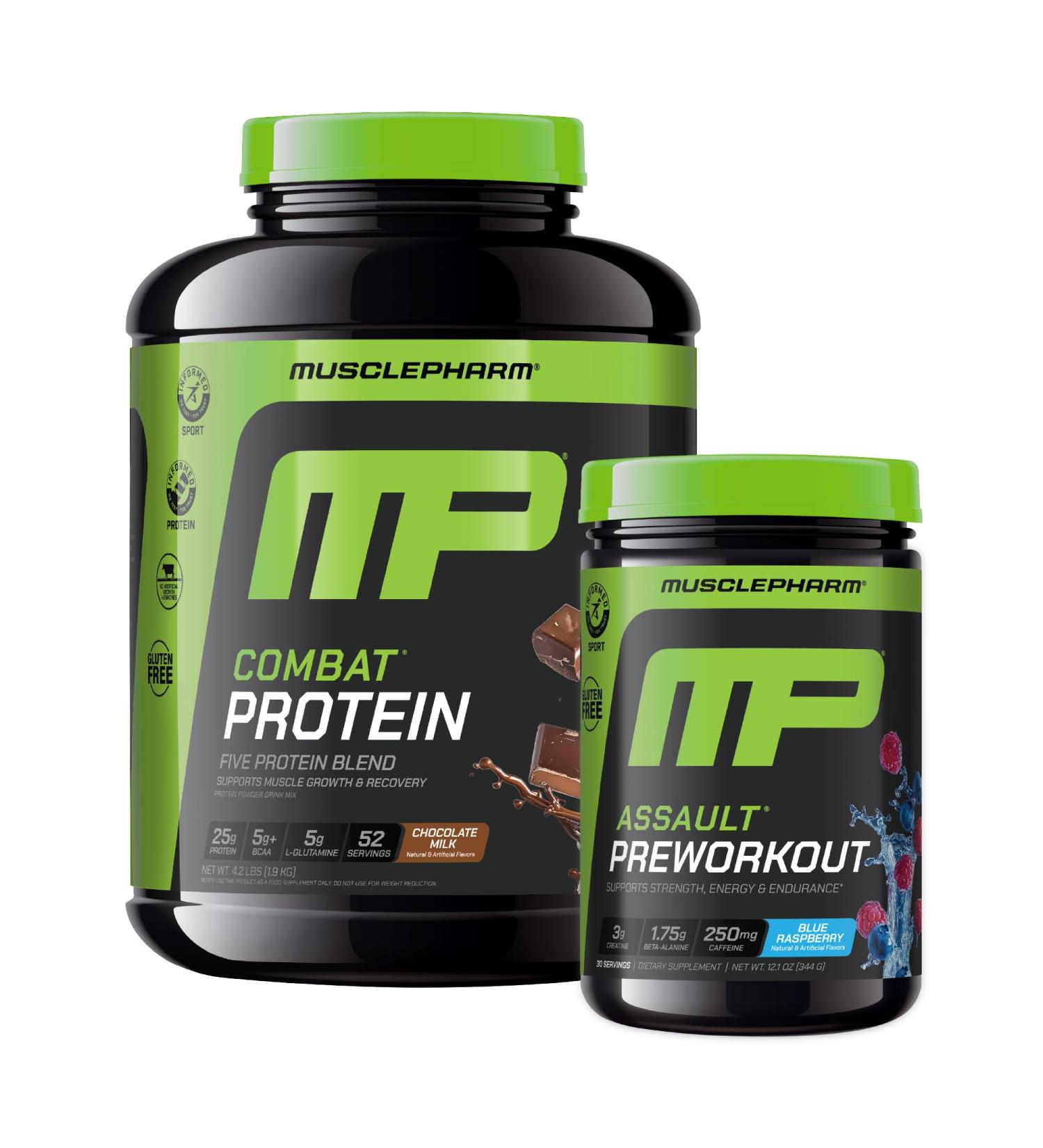Muscle Pharm Combat 4lb Chocolate Protein and MusclePharm Assault Blue Raspberry Pre-Workout - Buy Online on GoSupps.com