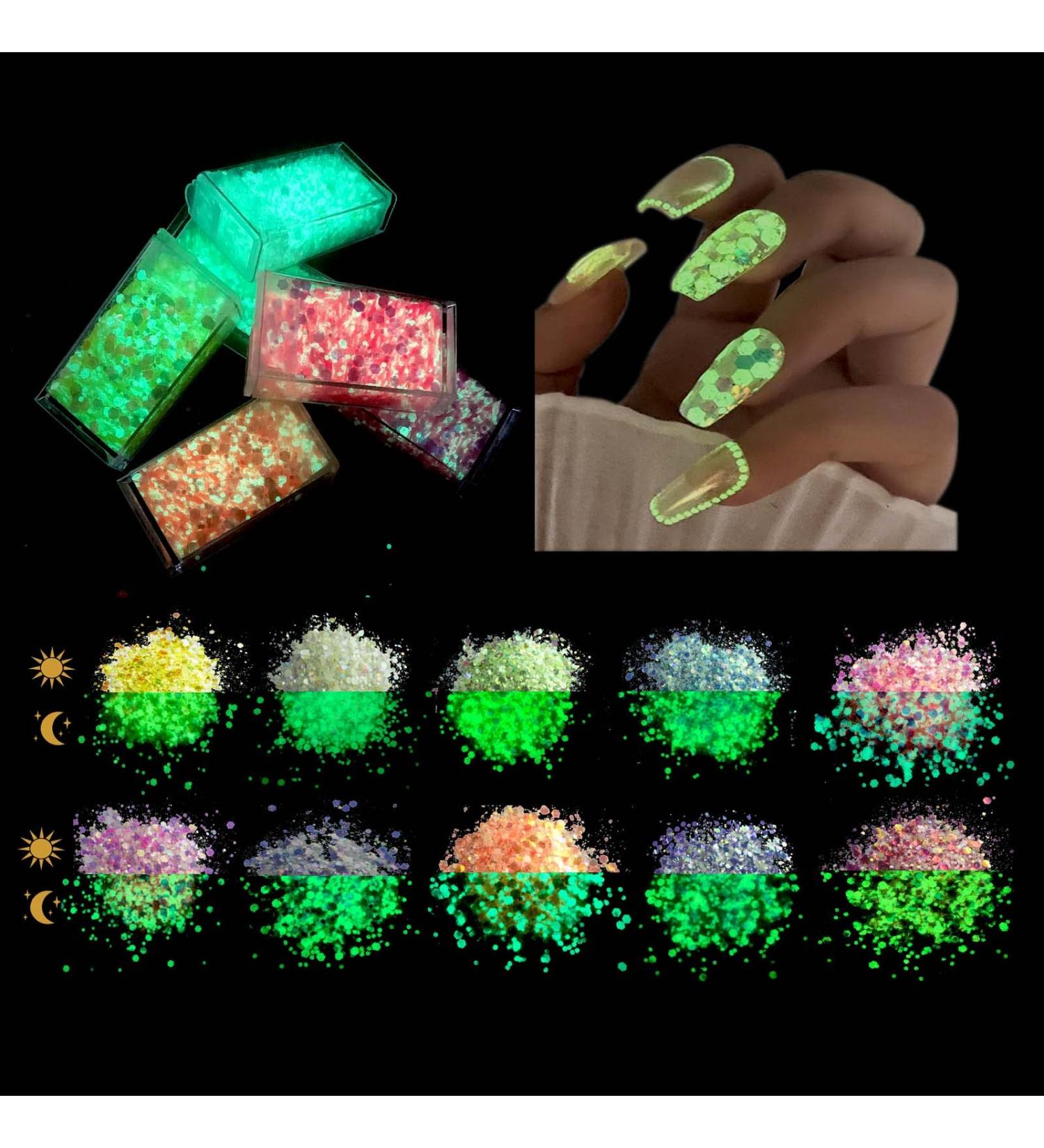 10 Color Festival Glitter Eye Body Glitter Glow in The Dark Luminous Hexagons Chunky Glitter for Acrylic Nail Hair Face Resin Art Crafts Glitter Flakes Makeup Artist for Cosmetic Festive Decoration - Buy Online on GoSupps.com