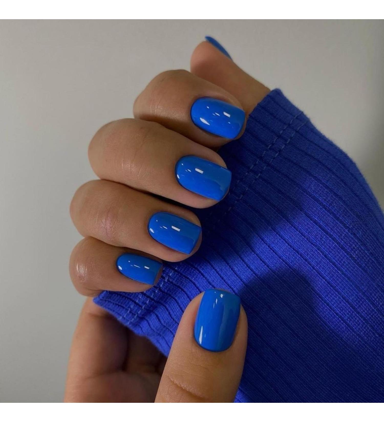 Blue Press On Nails - Short Square Fake Nails | 24pcs Glossy Acrylic Glue-On Short Nails for Women - Thick & Reusable - Buy Online on GoSupps.com