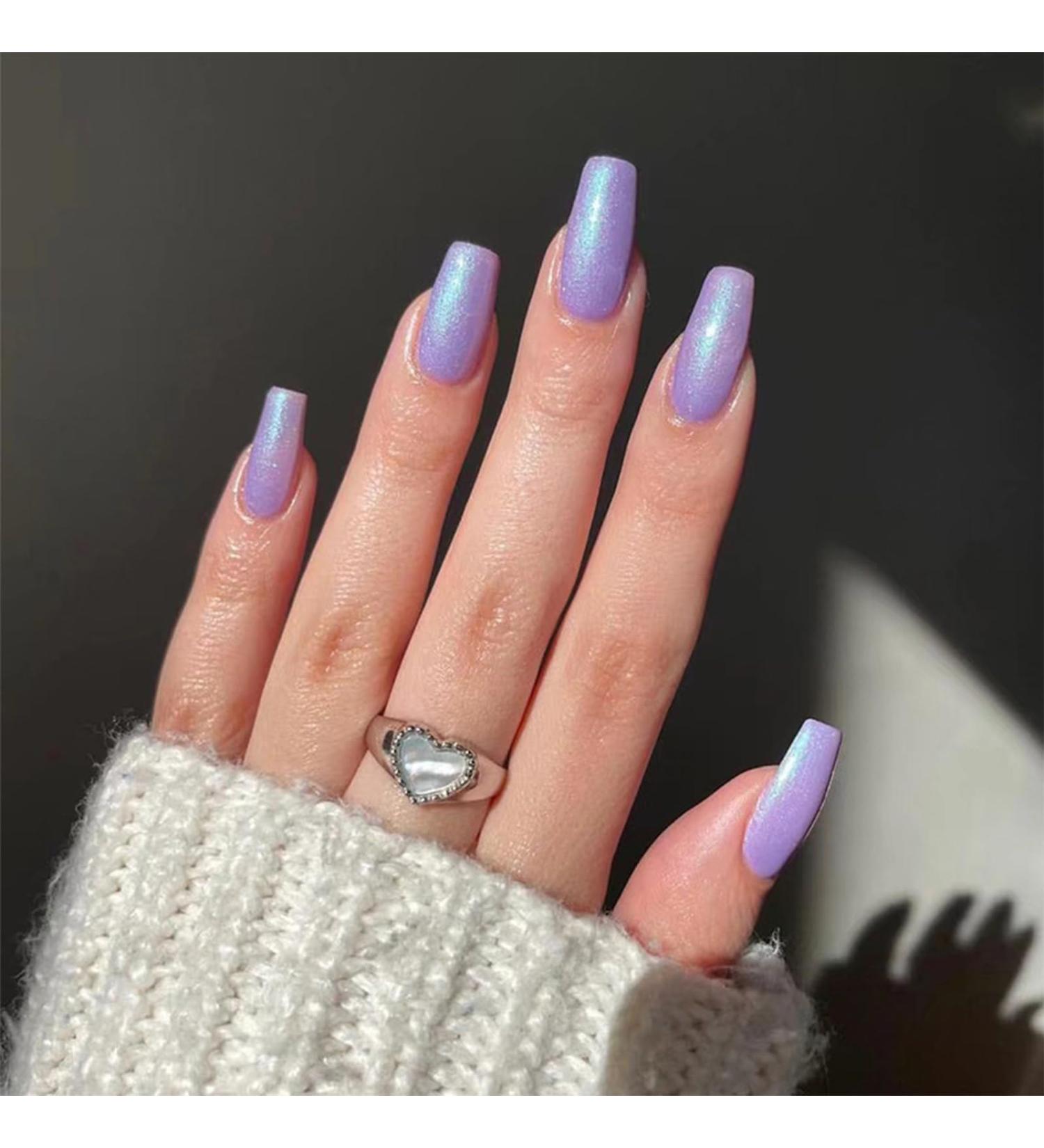 24pcs Glitter Purple Square False Nails - Glossy Press On Nails for Women and Girls | Removable Stick-On Nail Art Accessories - Buy Online on GoSupps.com